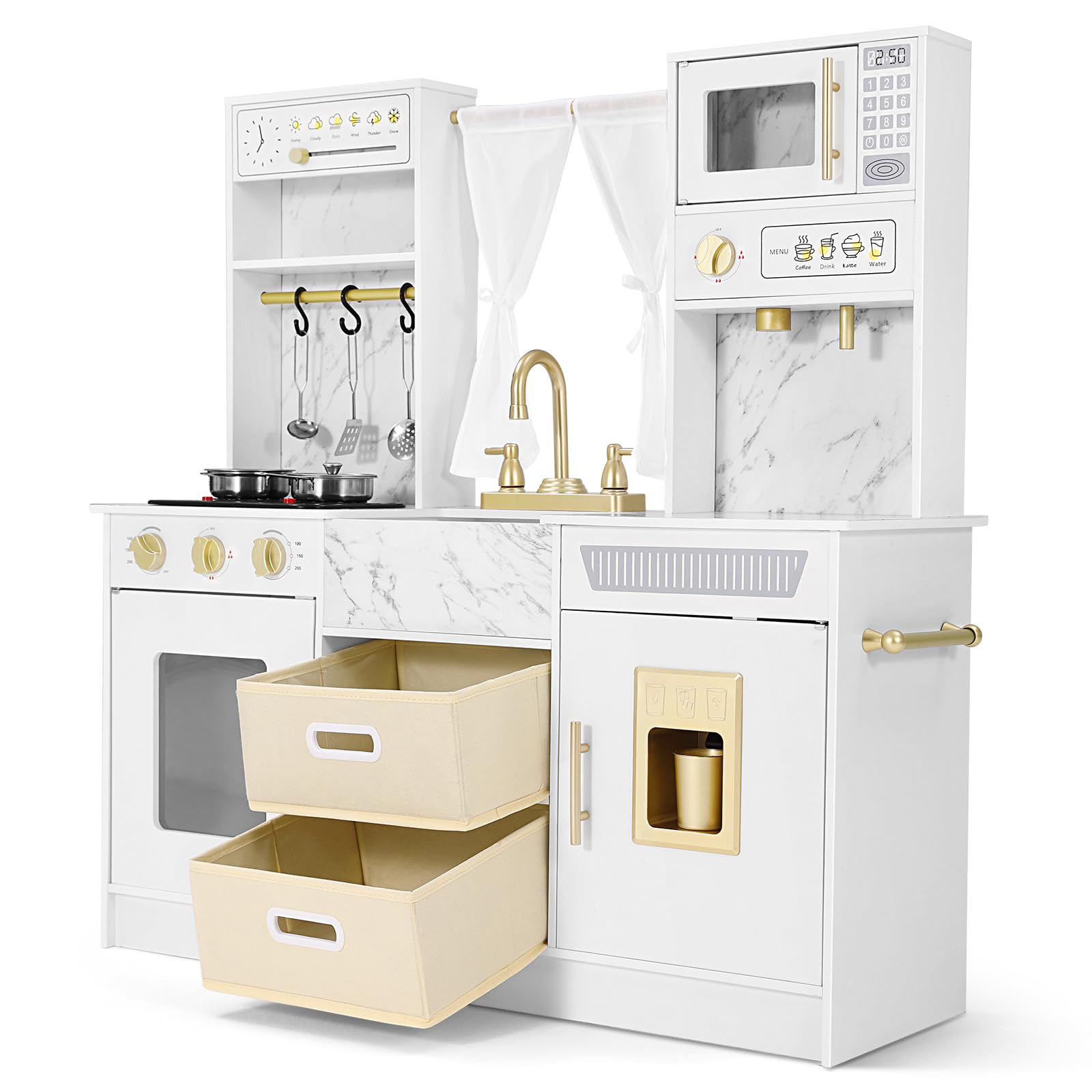 JOYLDIAS Play Kitchen, Wooden Kids Play Kitchen Playset Chef Pretend Play Set for Toddlers w/Ice Cube Dispenser, Oven, Cooking Accessories,Trendy Home Style w/Curtains, Storange Box, Gift for Ages 3+