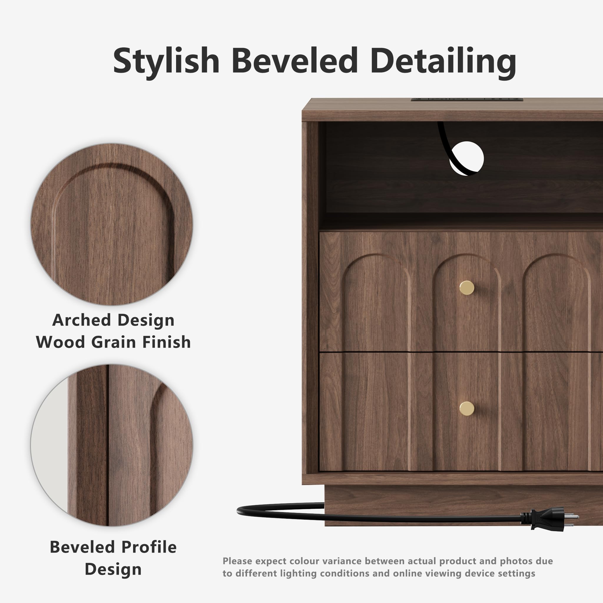 Nightstand with Charging Station, Mid Century Modern Nightstand with Arched Design, Minimalist End Table with Wood Grain Texture, Bedside Table for Bedroom Living Room Sofa Office, Walnut