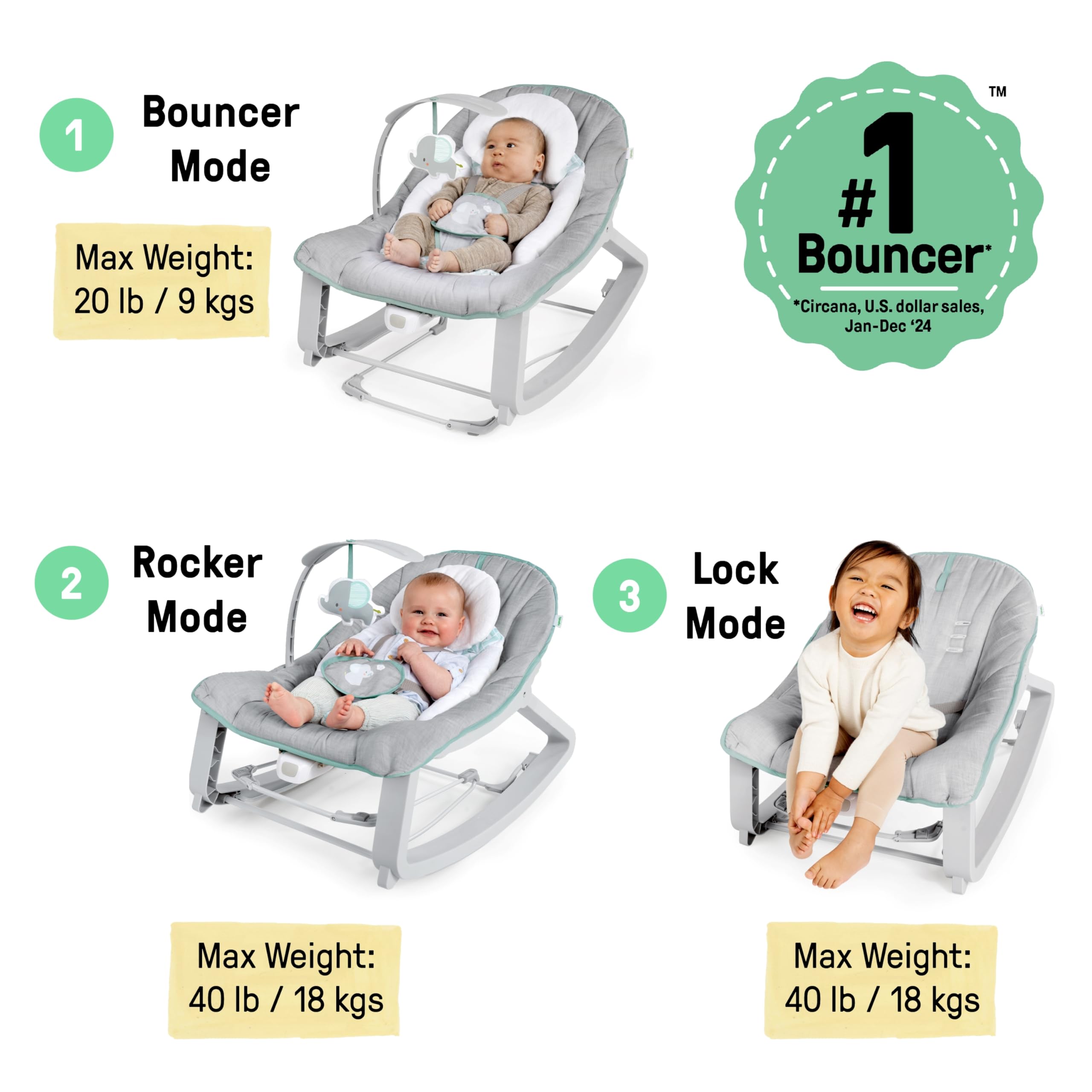 3-in-1 Vibrating Baby Bouncer Seat & Infant to Toddler Rocker