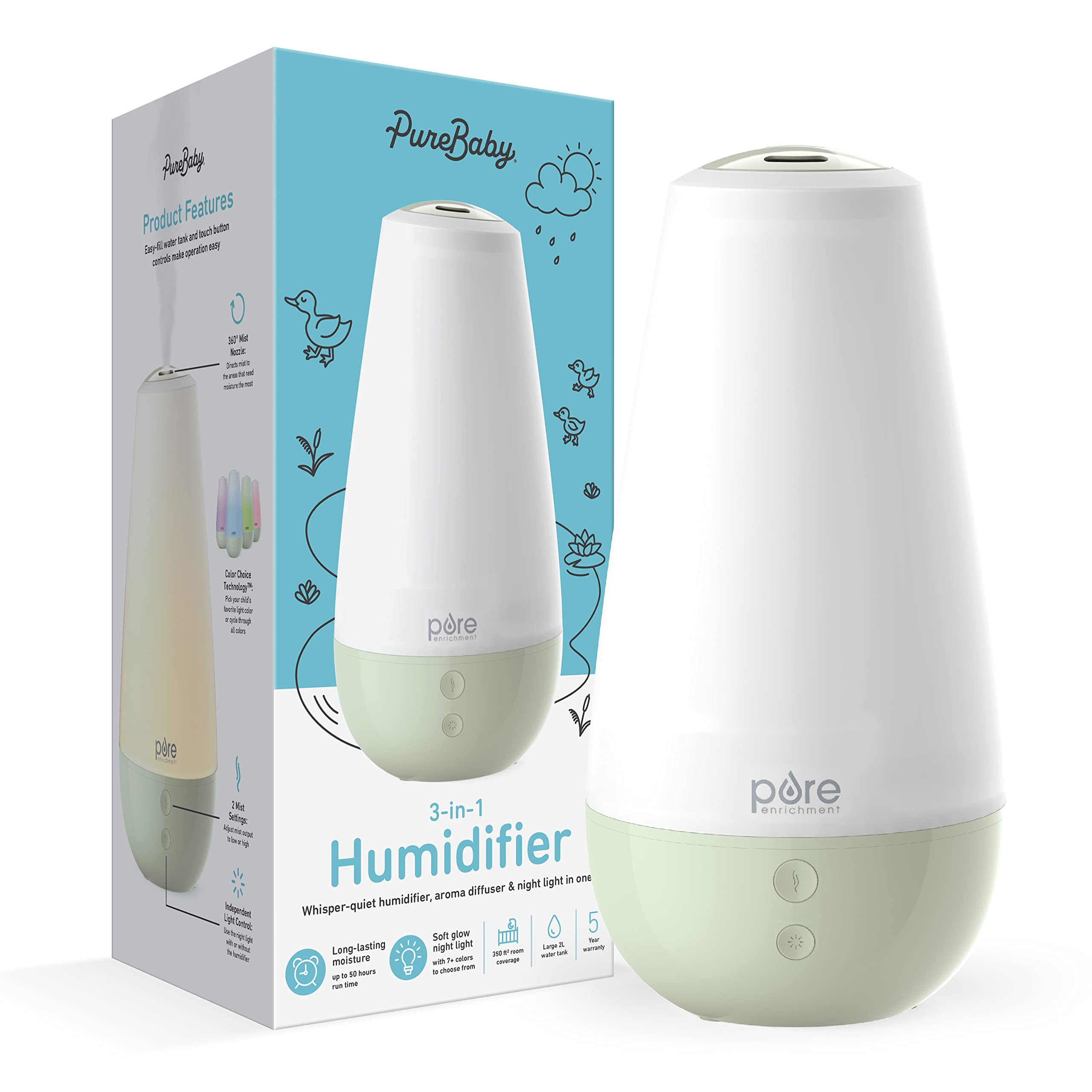 PureBaby® 3-in-1 Whisper-Quiet Humidifier, Color Changing Night Light