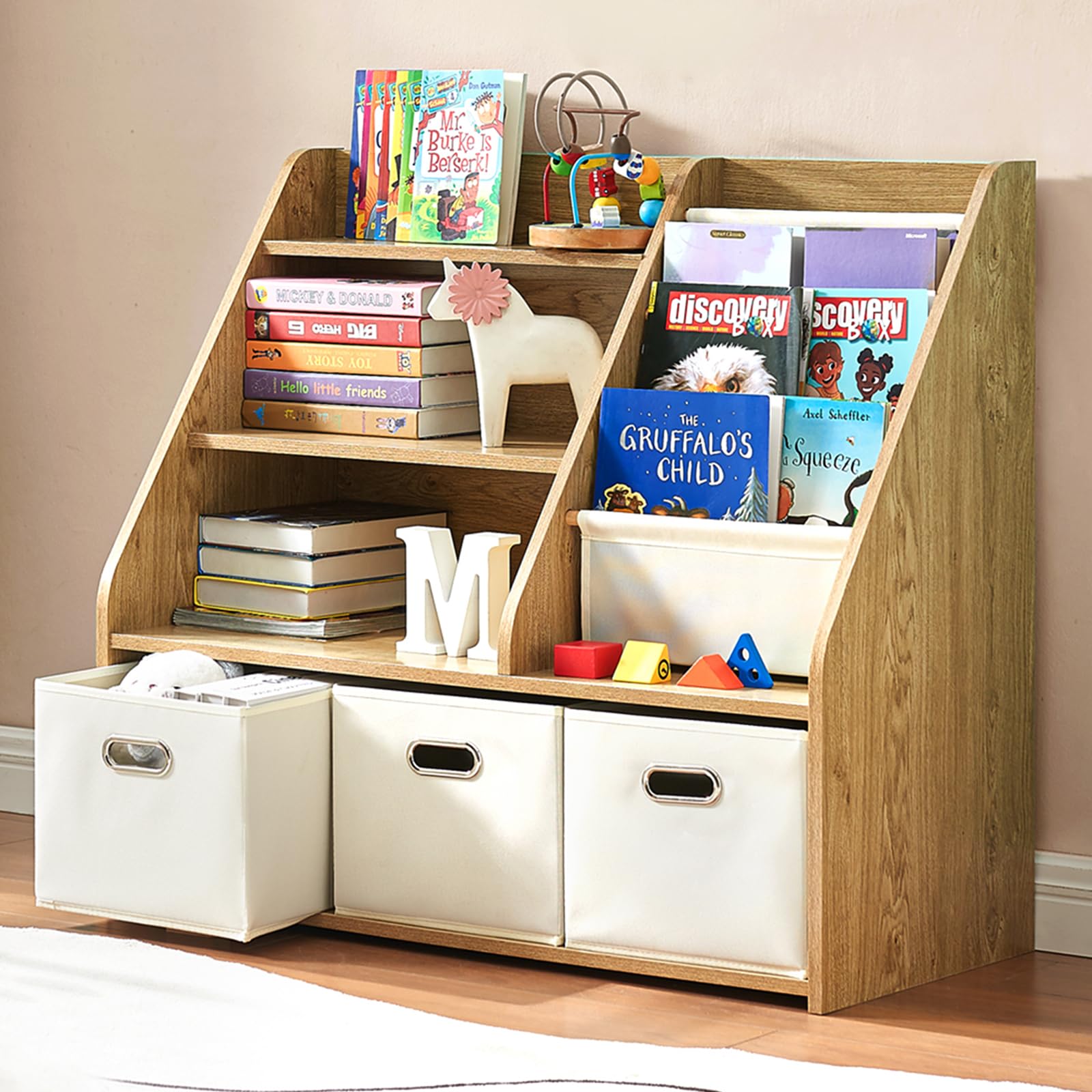 Kids Bookshelf with Storage Bins and Display Shelf