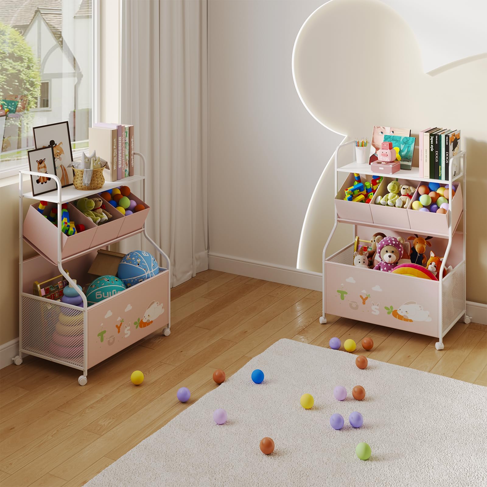 3-Tier Toy Storage Organizer with Wheels and Bookshelf