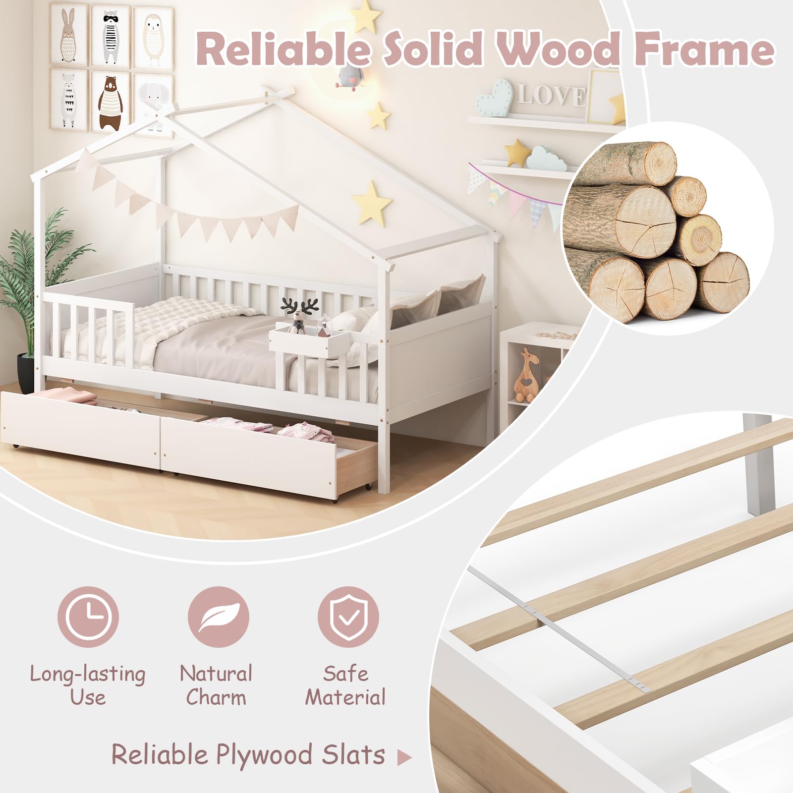 Twin House Bed with Storage Drawers and Fence Rails