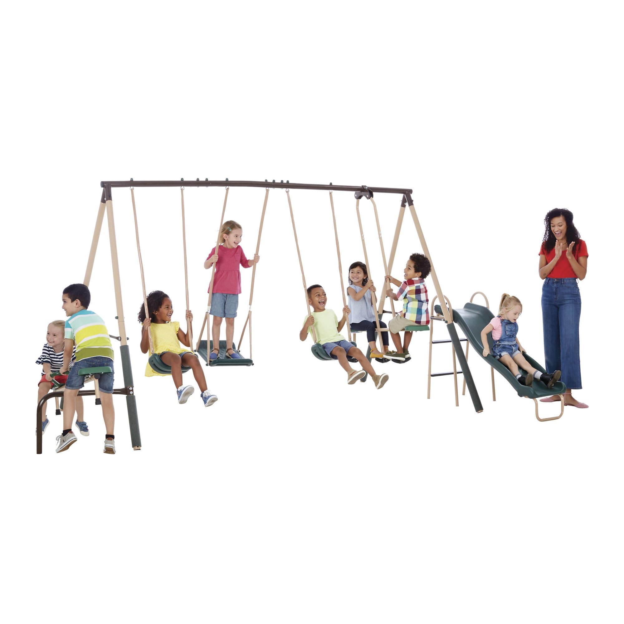 Metal Outdoor Swing Set with Slide Glider Seesaw