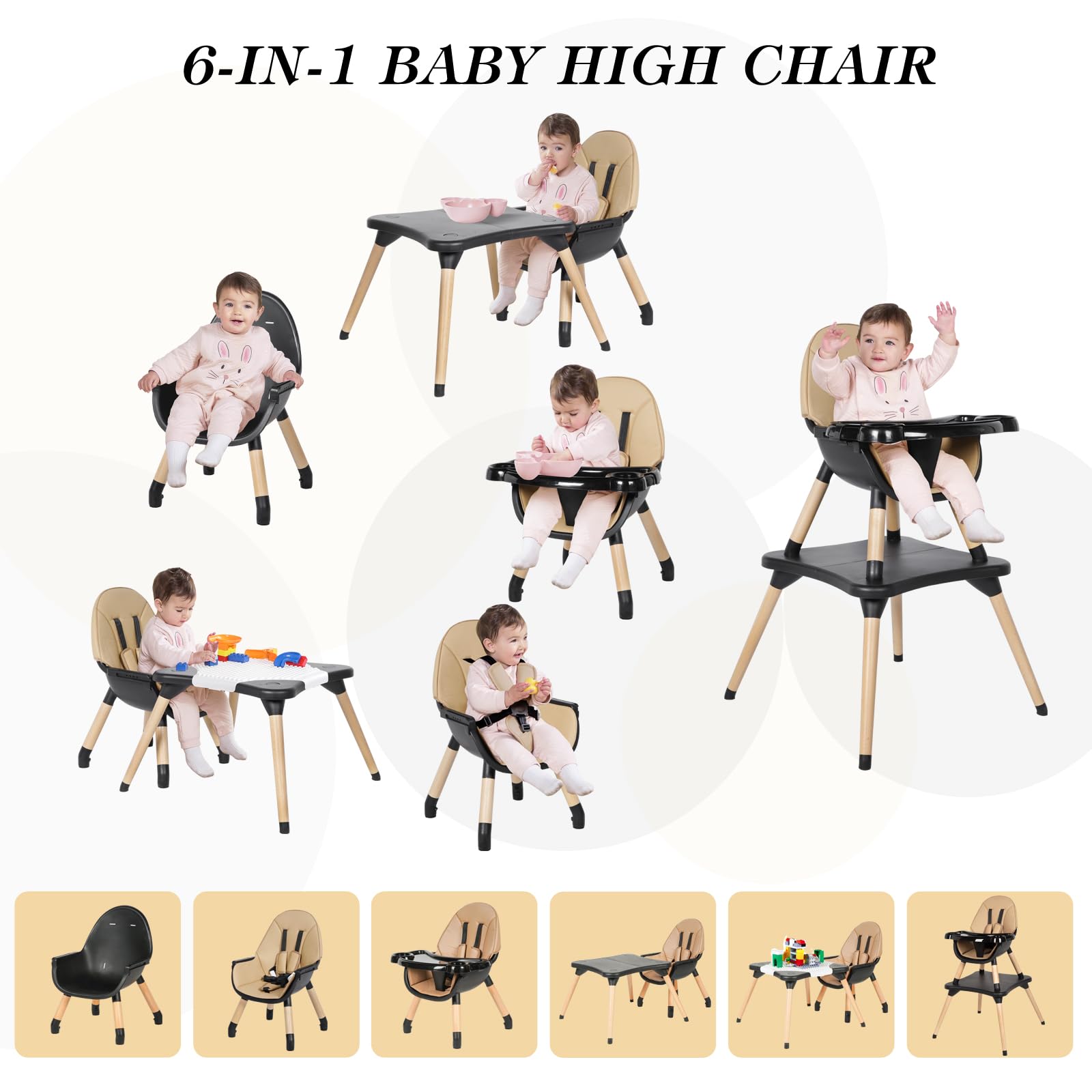 6 in 1 High Chair for Babies & Toddlers, Convertible Wooden Baby Highchair, Table and Chair Set, Baby Feeding Chair, 5-Point Adjustable Harness/4-Position Removable Tray& PU Seat Cushion (Black)