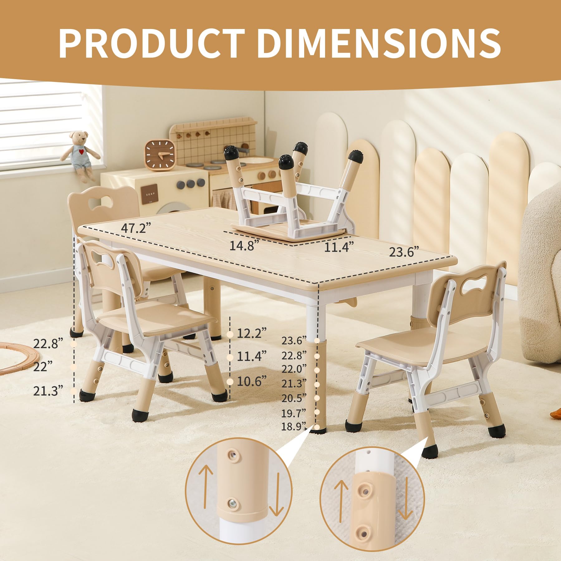 Height Adjustable Kids Table and 4 Chairs Set