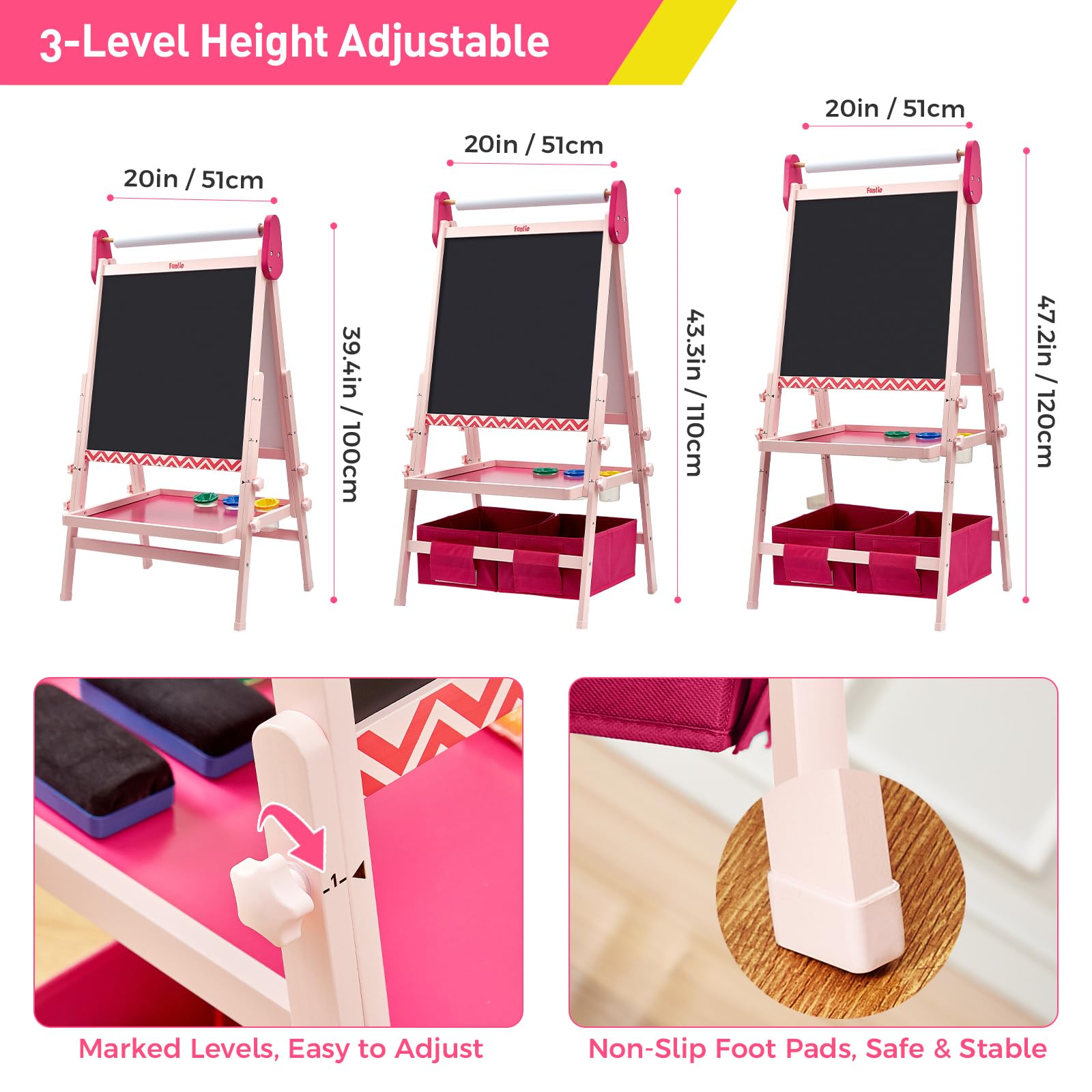 FUNLIO Anti-Warping Kids Art Easel, 3 Height Adjustable for Kids Aged 2-8, All-in-One Toddler Easel with Paper Roll & Erasable Frame, Standing Easel with Magnetic Chalkboard/Whiteboard (Pink)