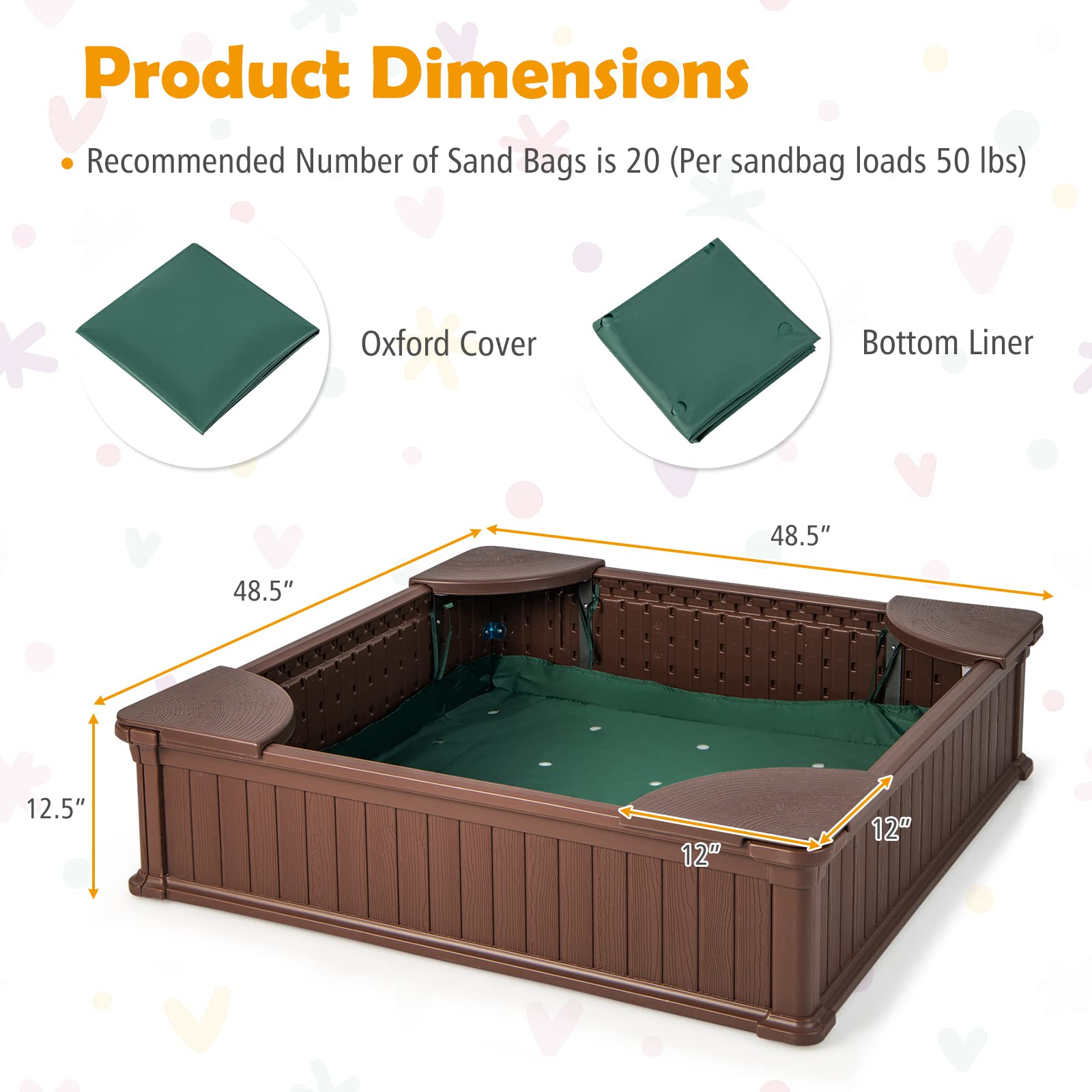 Kids Sandbox with Cover 48x48 Inch HDPE Outdoor Play Pit