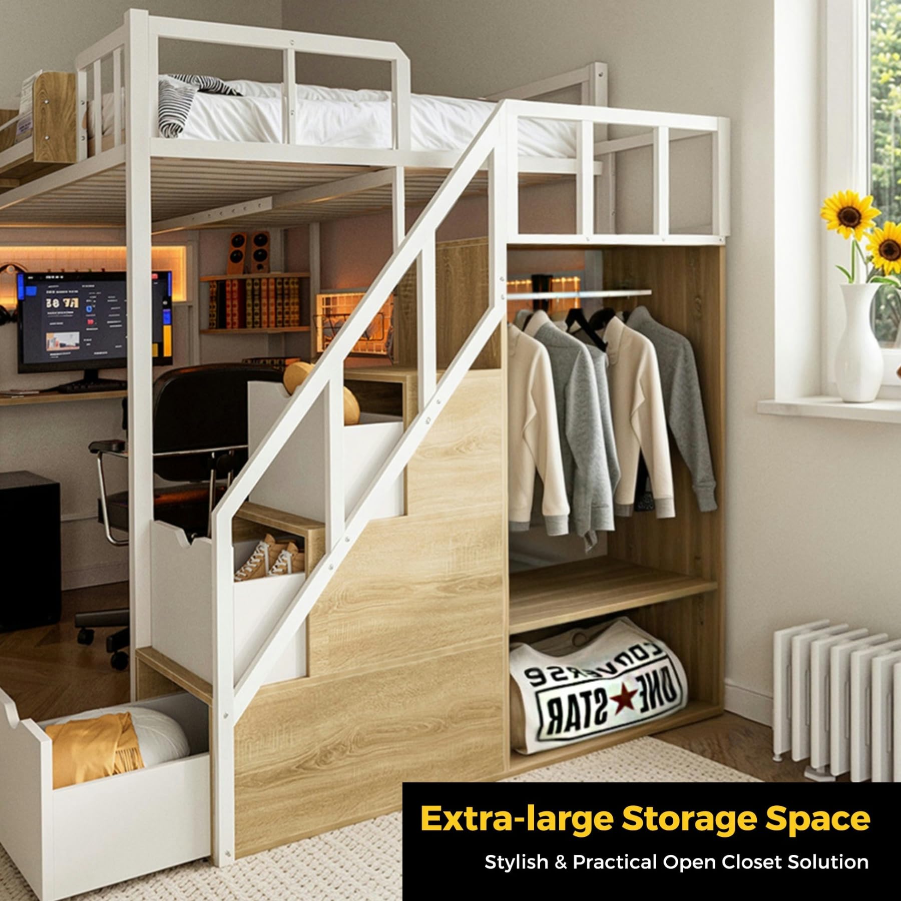 Twin Loft Bed with Desk and Storage Stairs