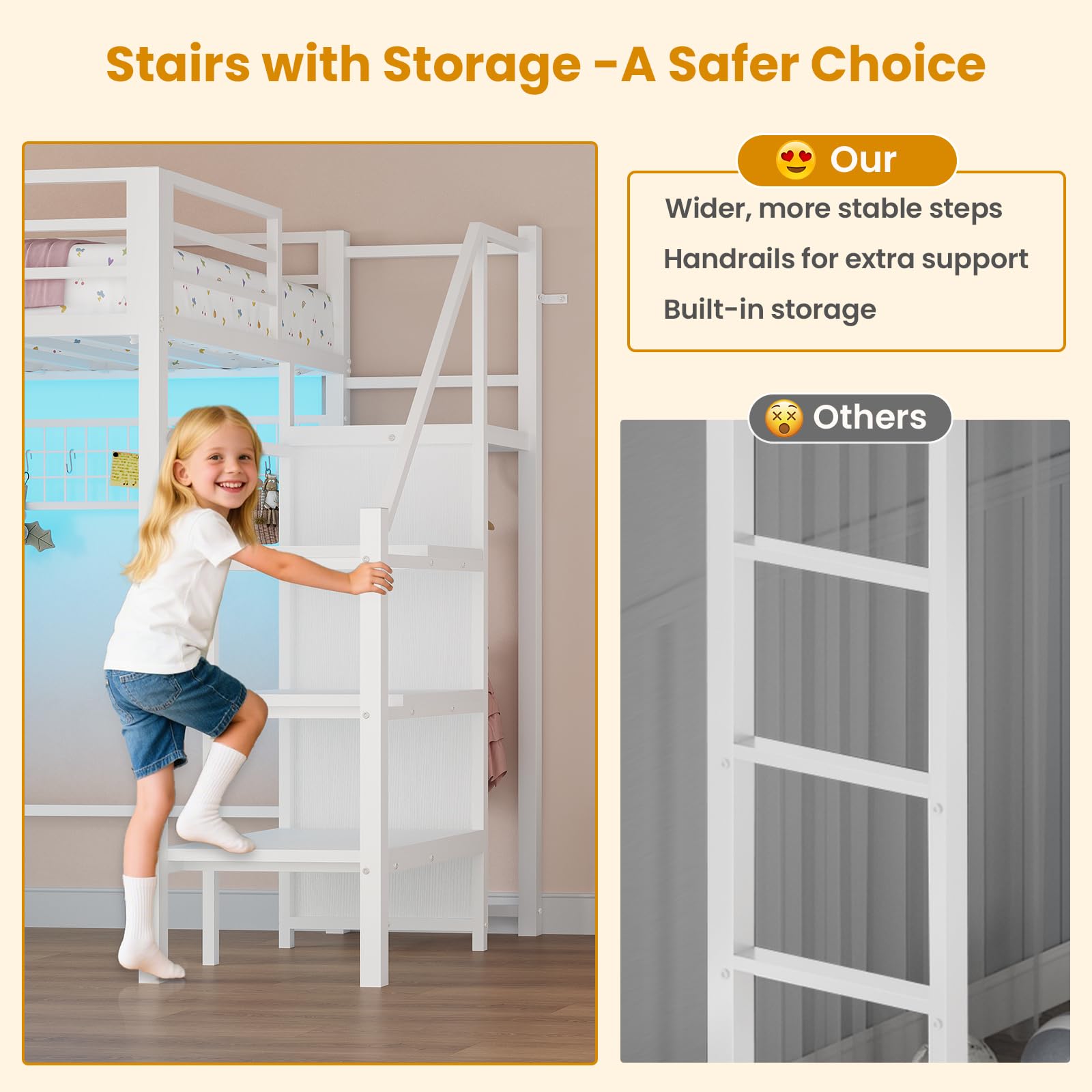 Twin Metal Loft Bed with Storage Stairs and LED Lights
