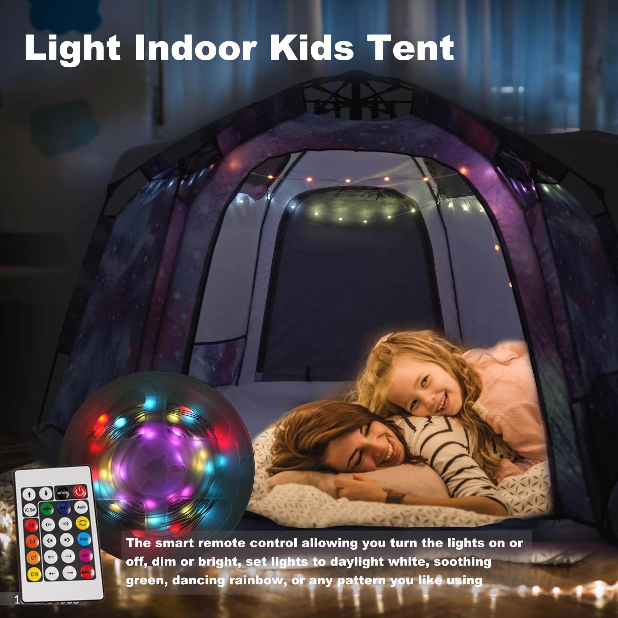 Portable Hexagon Kids Play Tent with LED Strip Lights Indoor Children Play House Easy Set-up Space Large Dream Tent for Night 4-5 Person & Birthday Gifts