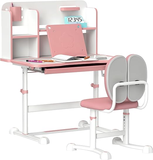 Desk and Chair Set, Height Adjustable Kids School Study Desk