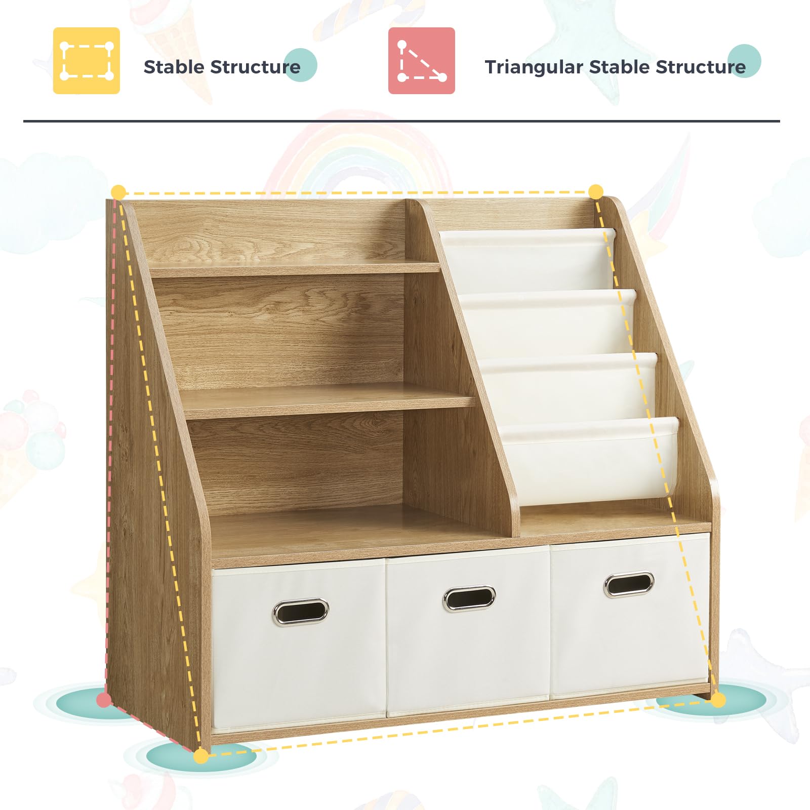 Kids Bookshelf with Storage Bins and Display Shelf