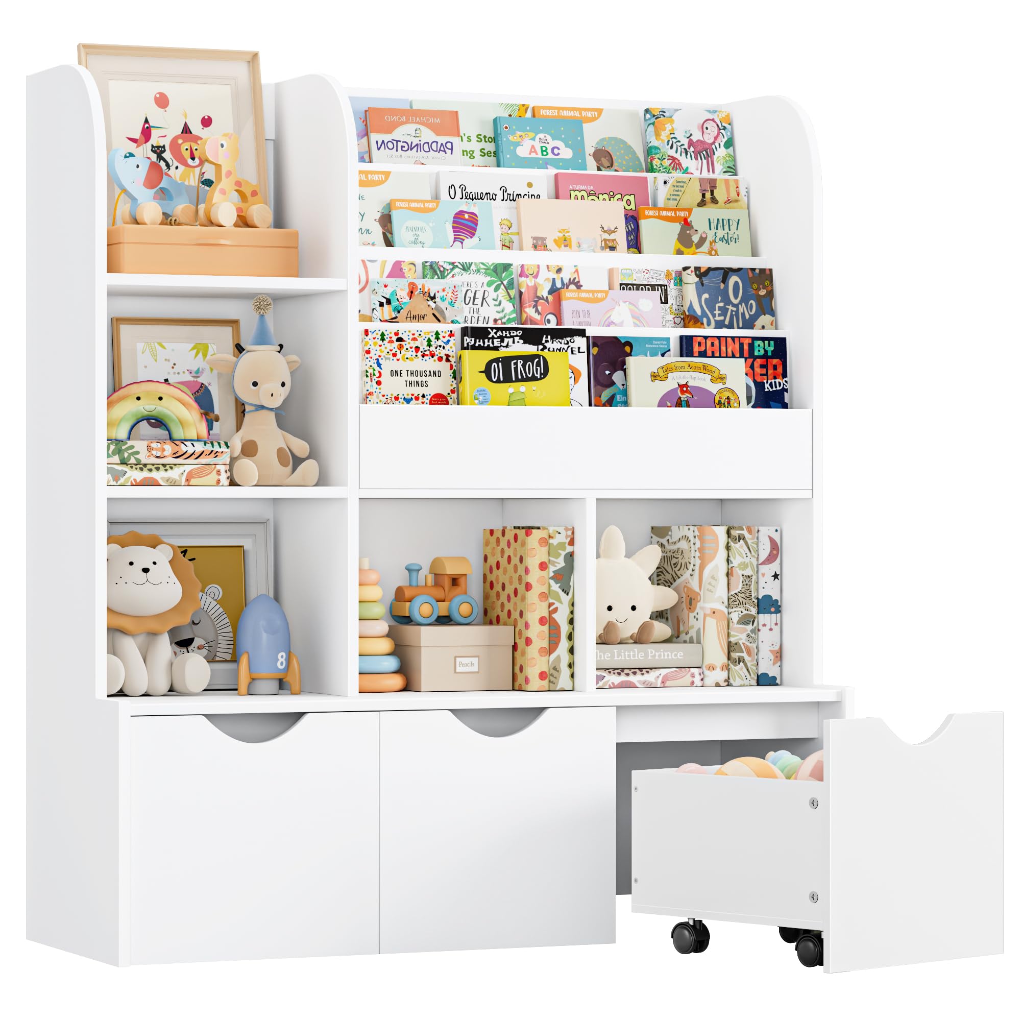 Kids Bookcase with Storage Cubbies and Drawers