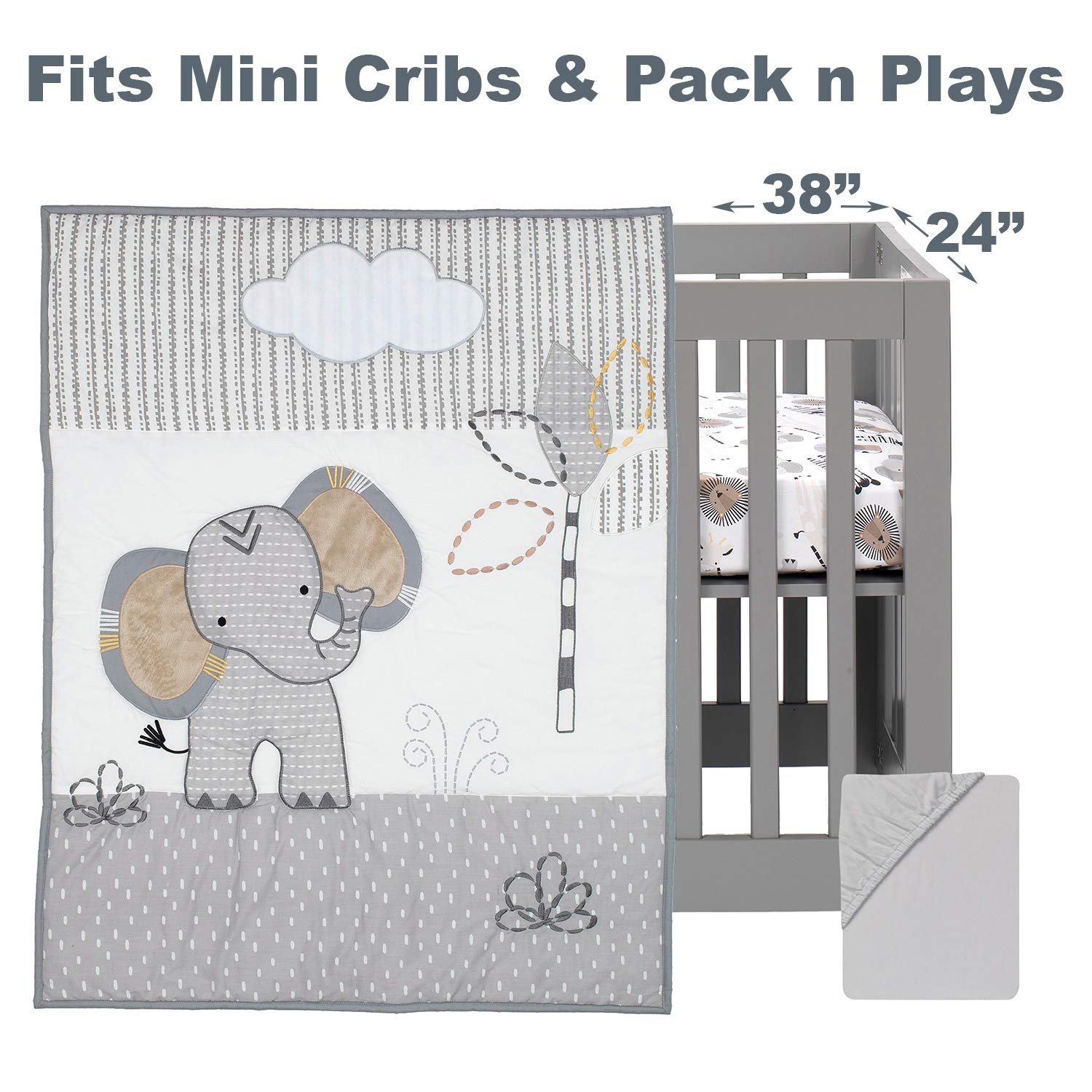 Elephant Mini Crib Bedding Set - Gray White Safari Theme
