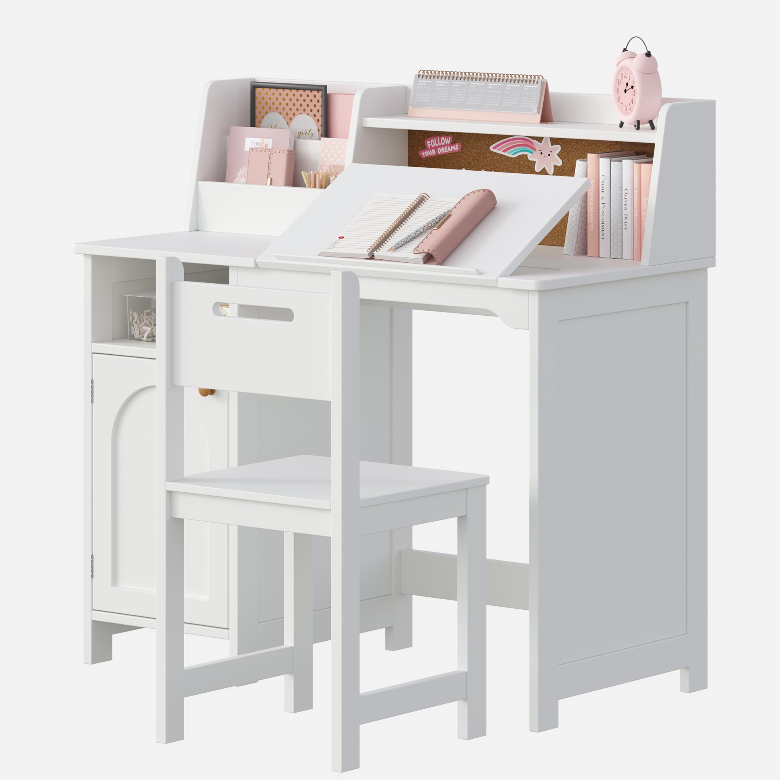 Kids Study Desk and Chair Set, Kids Desk with Hutch and Tiltable Desktop