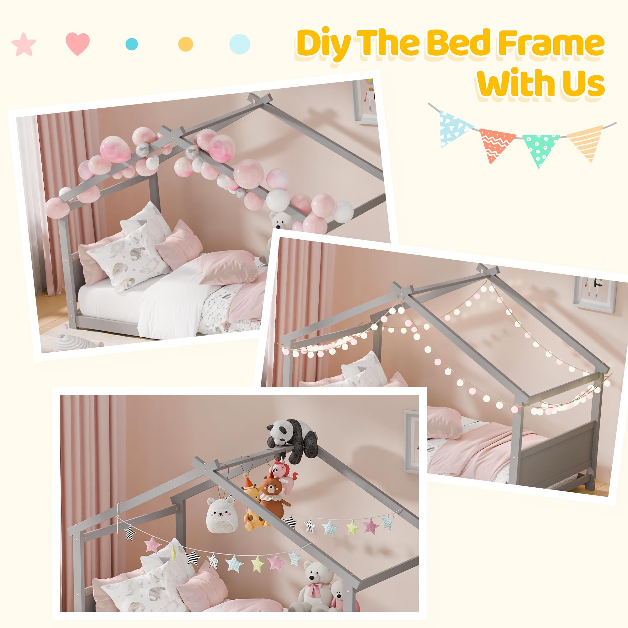 Twin House Bed Frame with Headboard & Footboard - Montessori Floor Bed for Toddlers & Teens