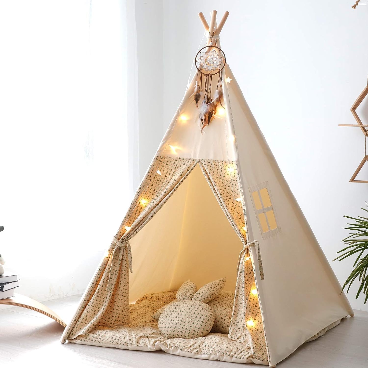 TreeBud Teepee Tent for Kids with Mat,Foldable Play Tents for Girl and Boy with Carrybag,Canvas Tipi Playhouse for Children Indoor Outdoor(Beige & Mat)