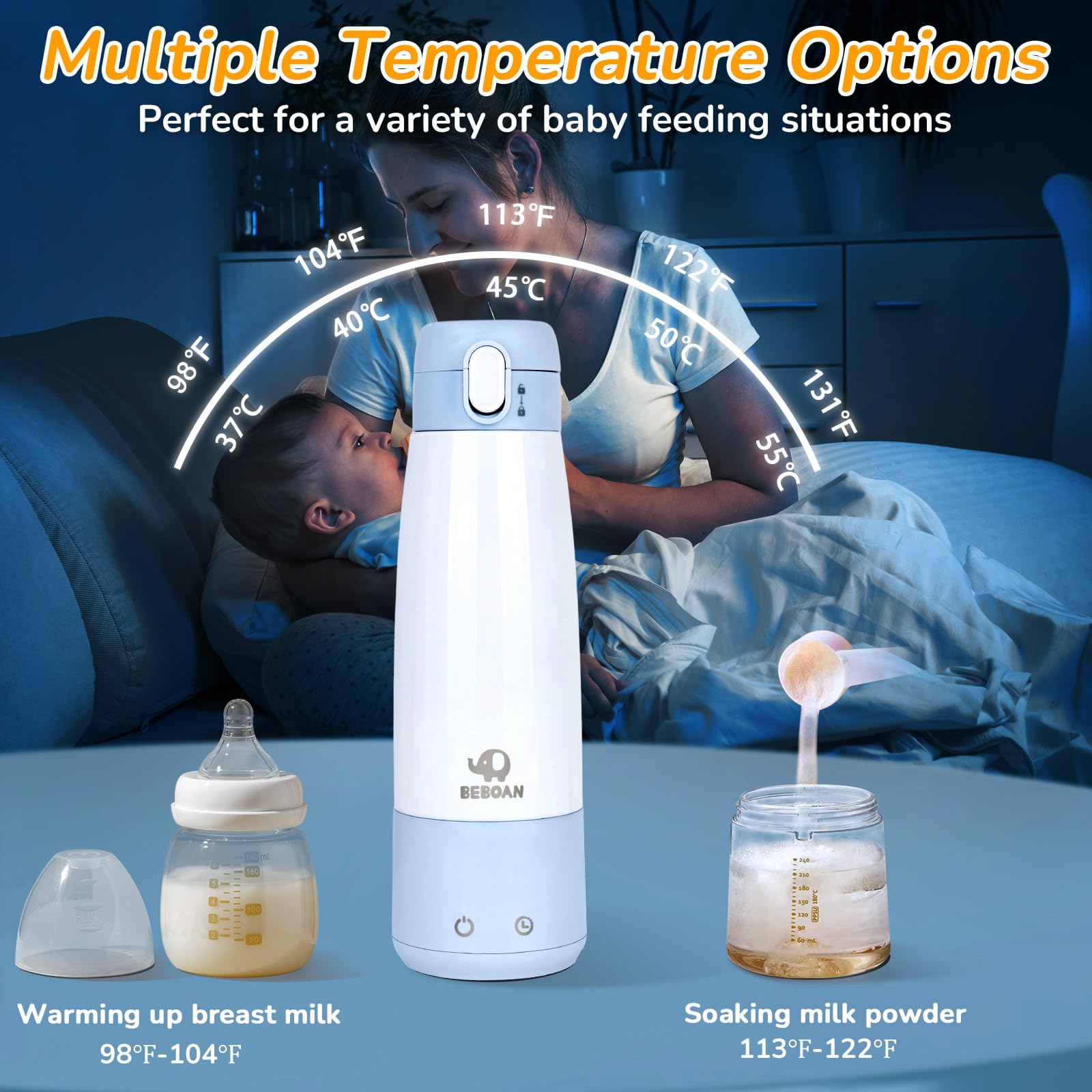 Portable Bottle Warmer for Travel On The Go, 5-Temp Setting with Child Lock