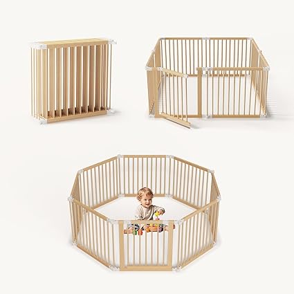 Wooden Baby Playpen, Foldable Large Size Wood Playpen 8 Panels, Adjustable Baby Playard for Babies and Toddlers with Safety Locking Gate, 57"x57"x24"