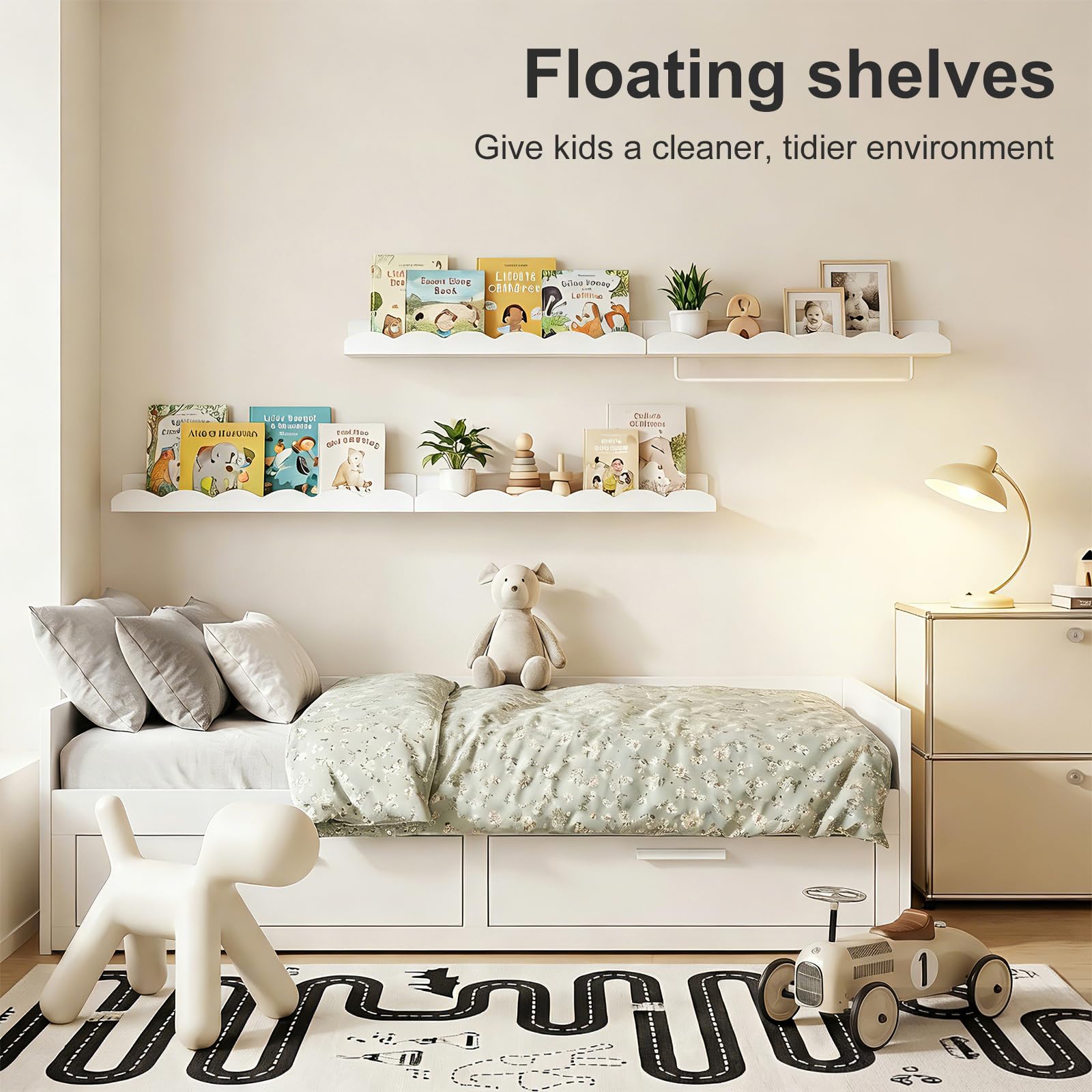Scalloped Floating Nursery Shelves Set of 4 with Towel Rack