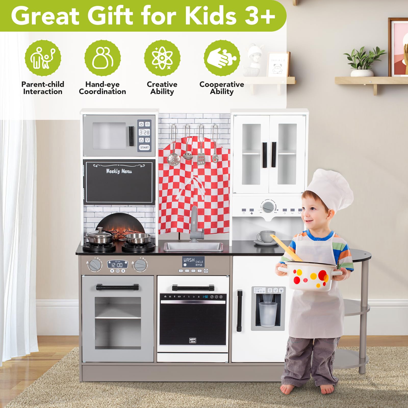 BRINJOY Kids Kitchen Playset, Wooden Toddler Kitchen Set w/Curtains, Coffee Maker, Storage Shelf, Stove,Sink, Utensils, Light & Sound, Kids Pretend Play Kitchen Toy Gift for Girls Boys (3-Stage)