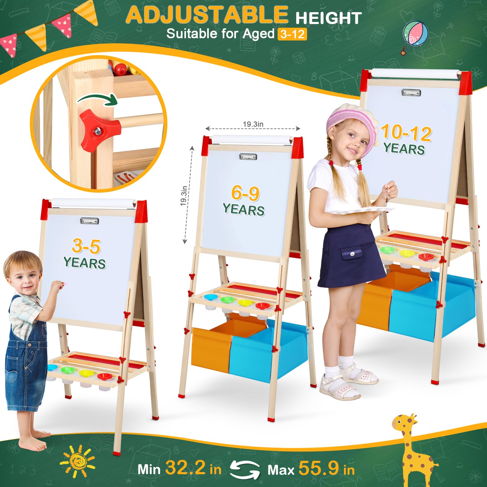 Easel for Kids,3 in 1 Adjustable Kids Art Drawing Easel Set,130+ Art Supplies,Wooden Double Sided Magnetic Chalkboard and White Board with Paper Roll,Painting for Aged 2-4,5-7,8-12