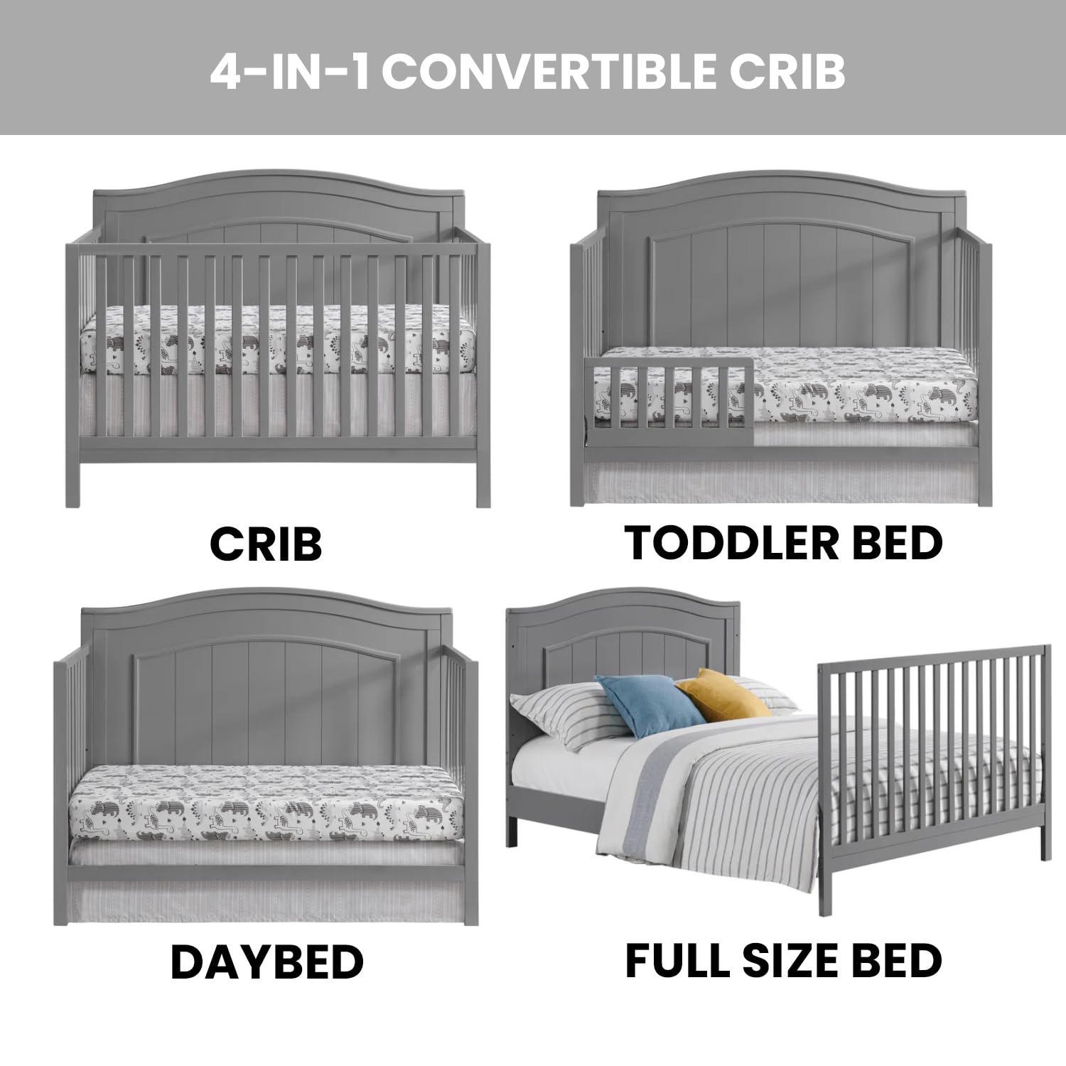 4-in-1 Convertible Baby Crib with Shiplap Headboard