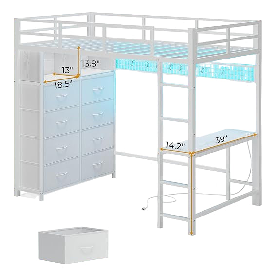 Twin Size Loft Bed with Desk and 8 Storage Drawers