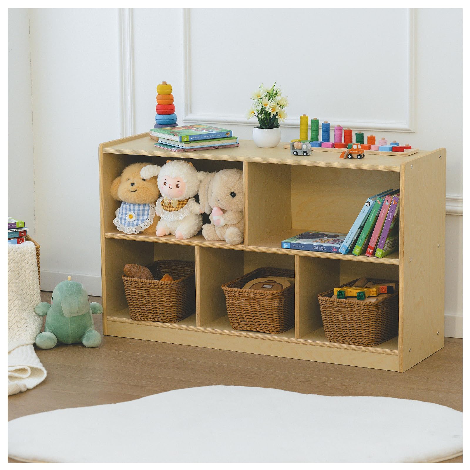 Wooden Montessori Bookshelf with Toy Storage Cubbies