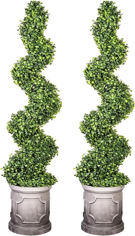 4FT Artificial Spiral Boxwood Topiary Trees with Antique-White Roman