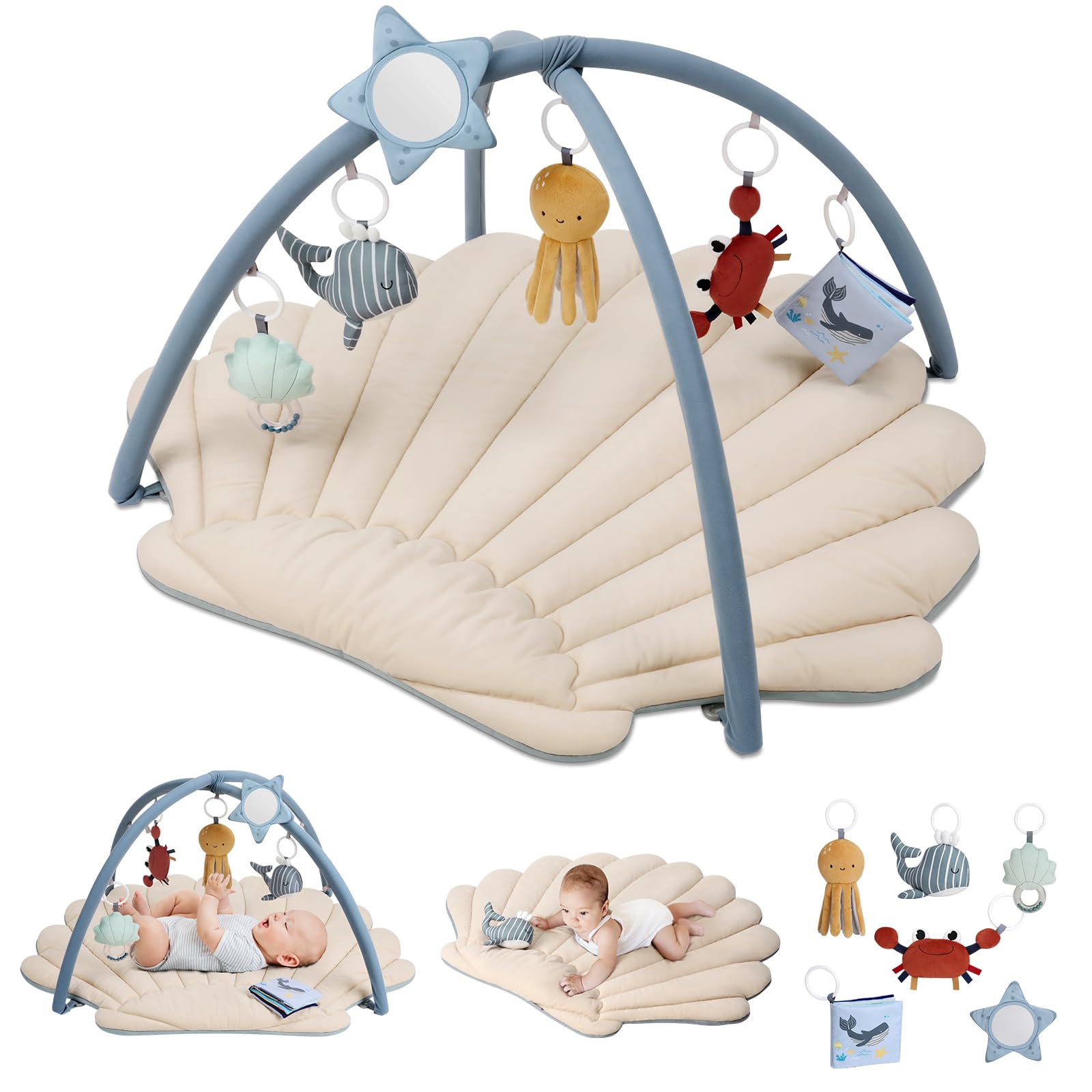 Shell Baby Play Gym Mat, Softer & Enlarged Tummy Time Mat w 6 Detachable