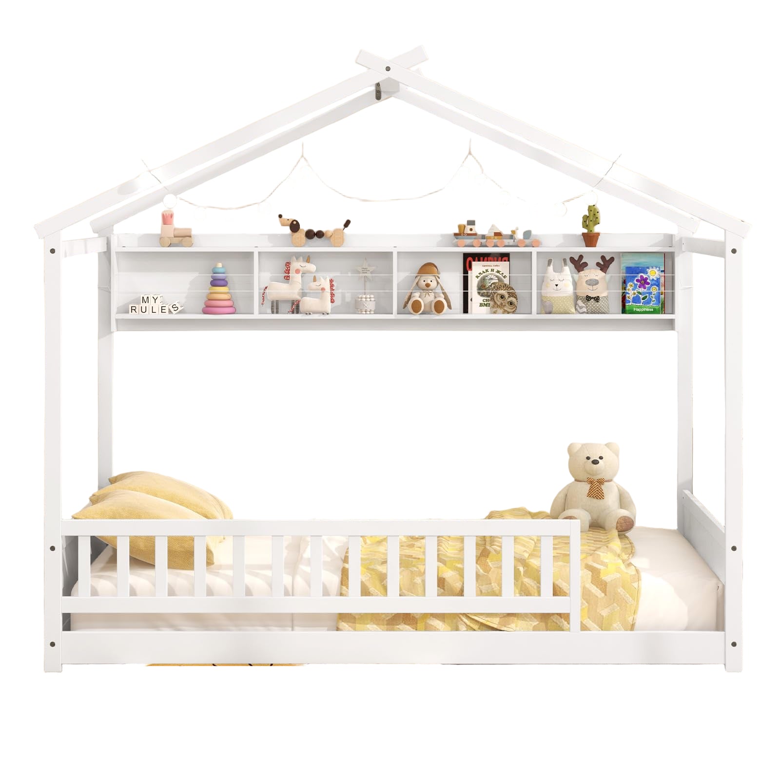Twin Floor House Bed with Storage Shelf, Wood Twin Bed Frames