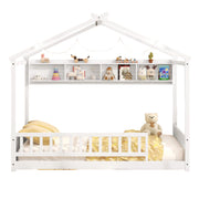 Twin Floor House Bed with Storage Shelf, Wood Twin Bed Frames