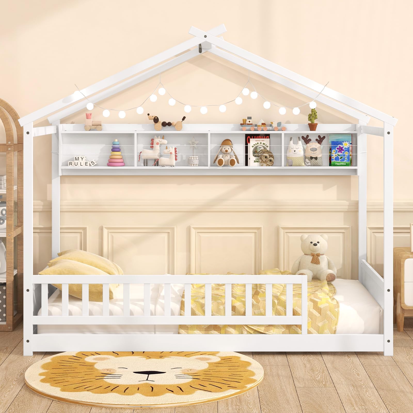 Twin Floor House Bed with Storage Shelf and Safety Guardrails