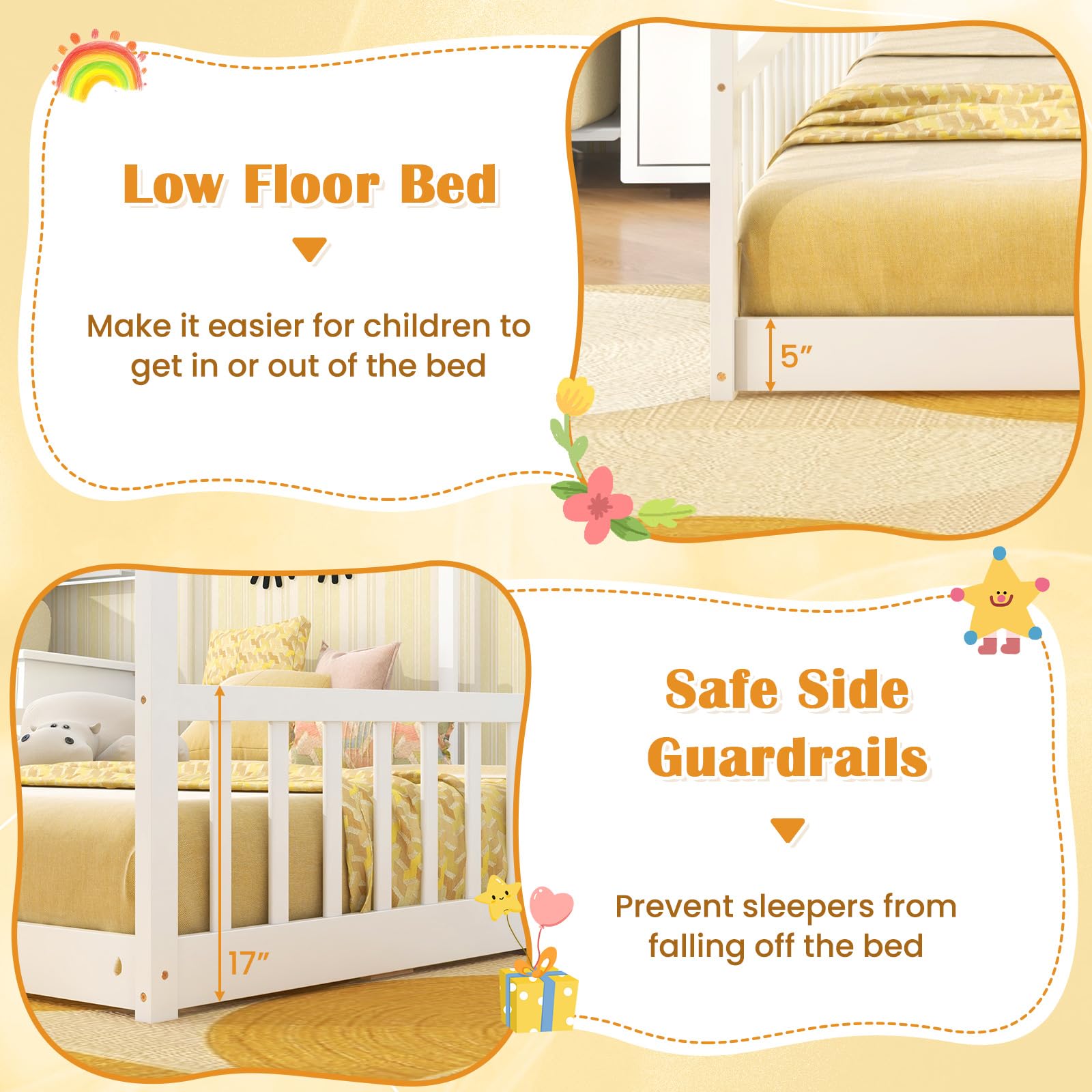 Double Twin Floor Beds for Kids with Fence and Roof