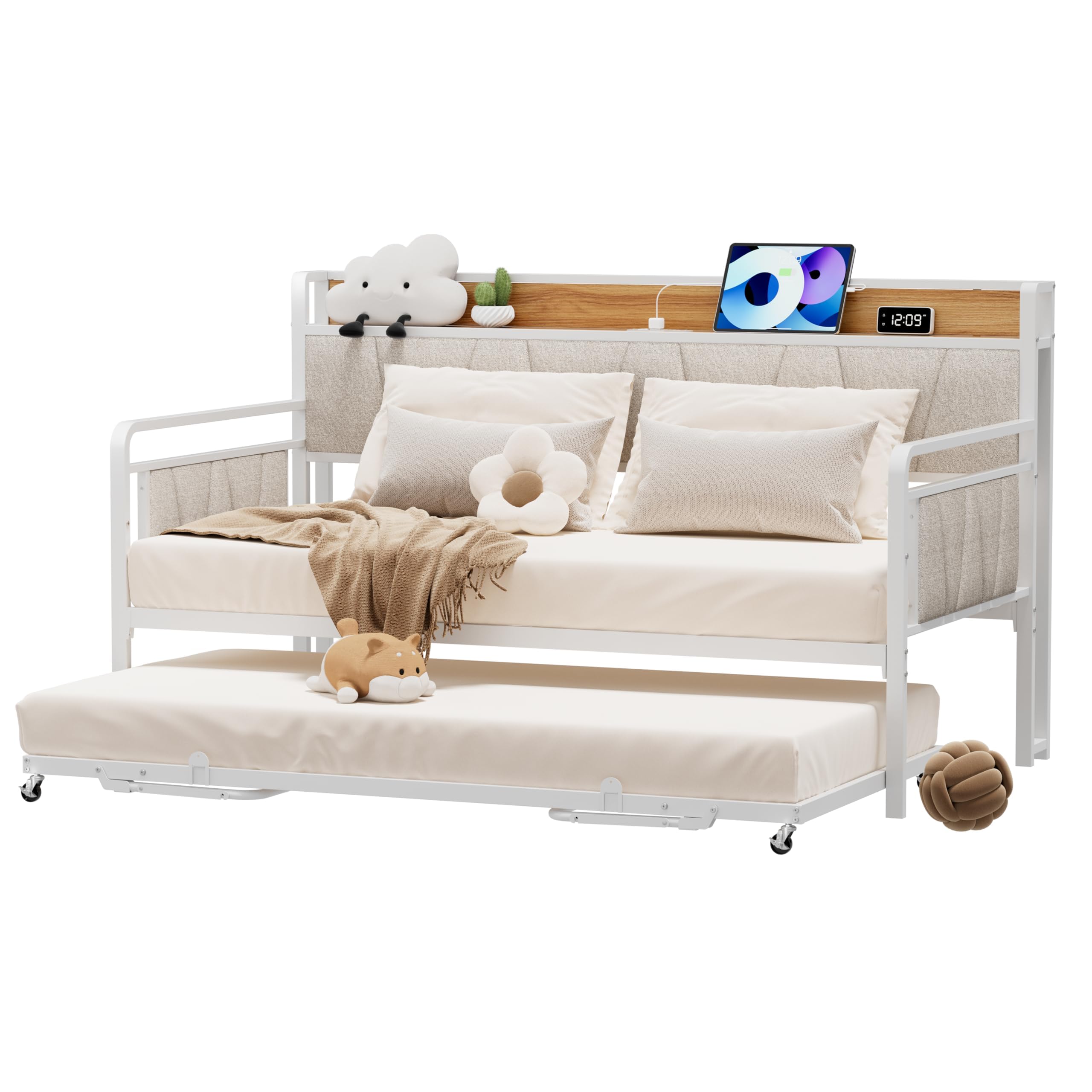 Twin Daybed with Trundle, Modern Twin Size Sofa Day Bed