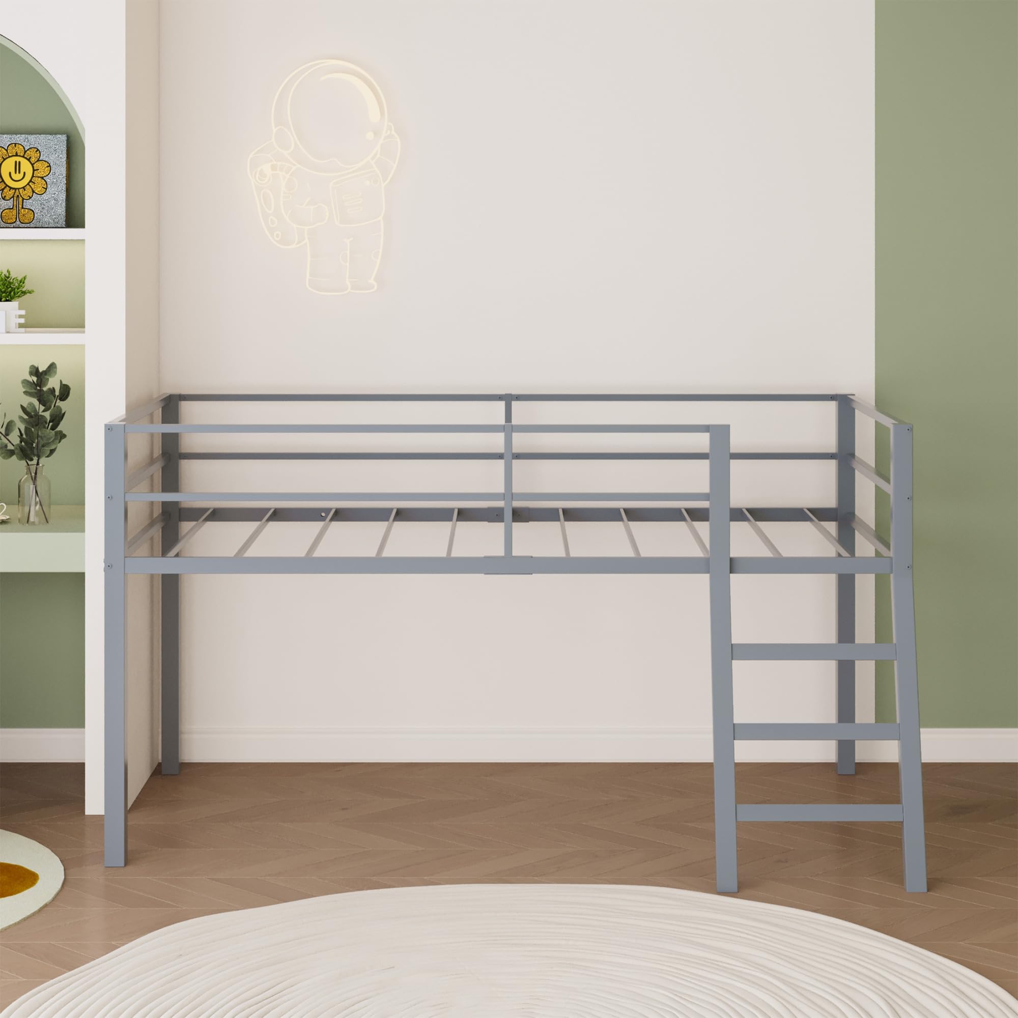 Low Metal Twin Loft Bed with Ladder and Guardrail for Kids or Teens