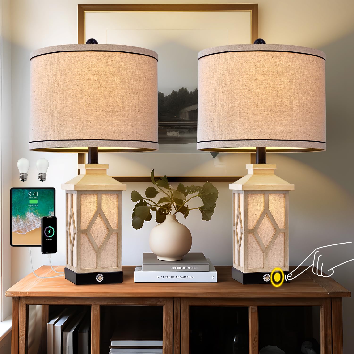 23.5" Touch Table Lamps for Living Room Set of 2 Farmhouse Bedside Lamps