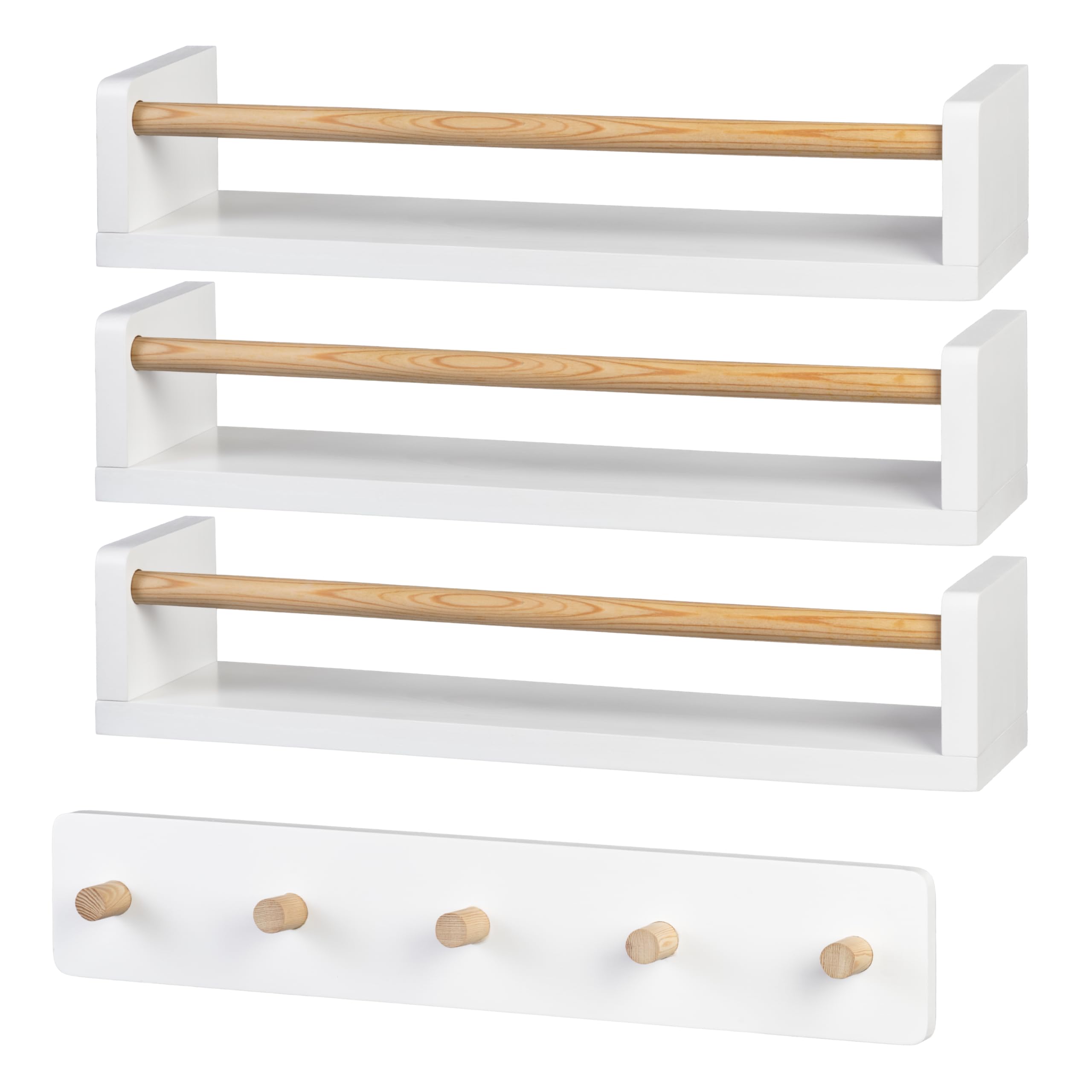Floating Nursery Shelves and Coat Rack Set - 16.5 Inch Solid Wood Wall Storage