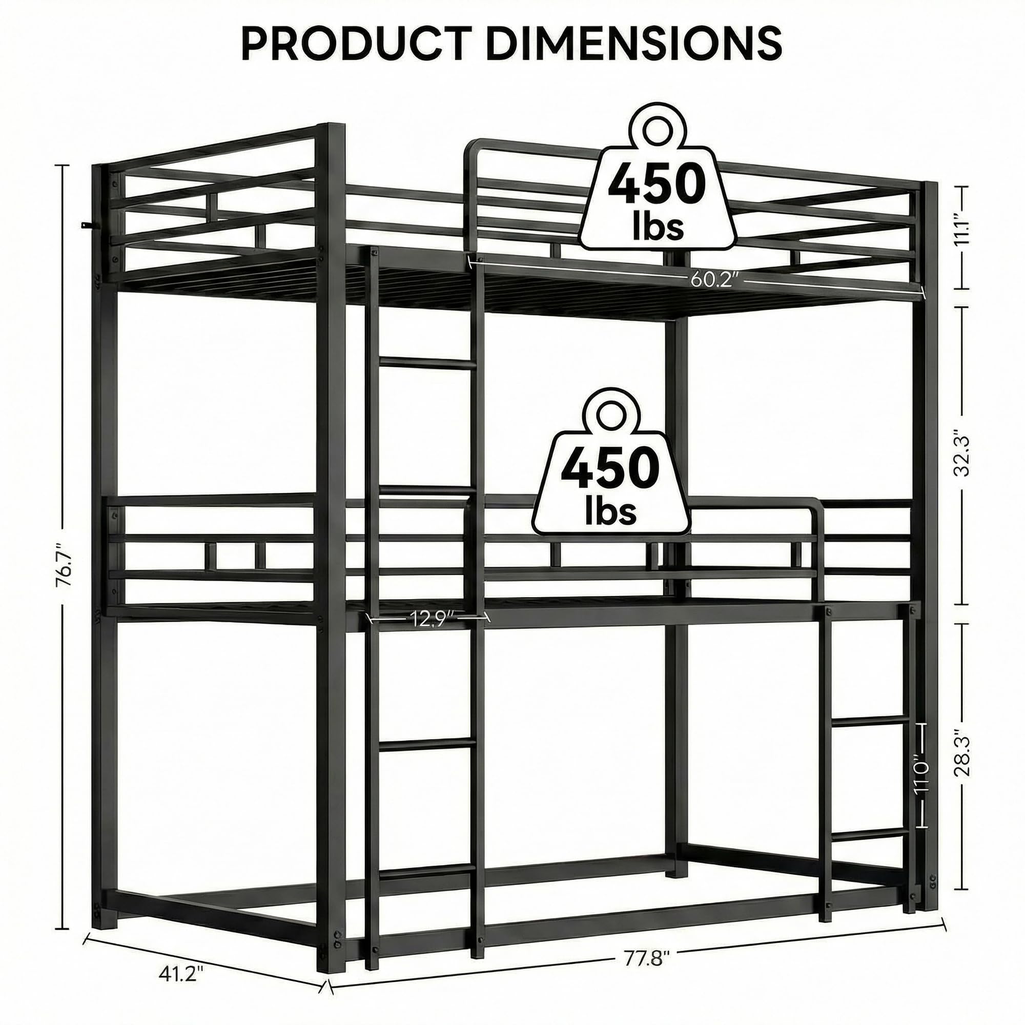 Triple Bunk Bed Twin Over Twin Over Twin with Guardrails