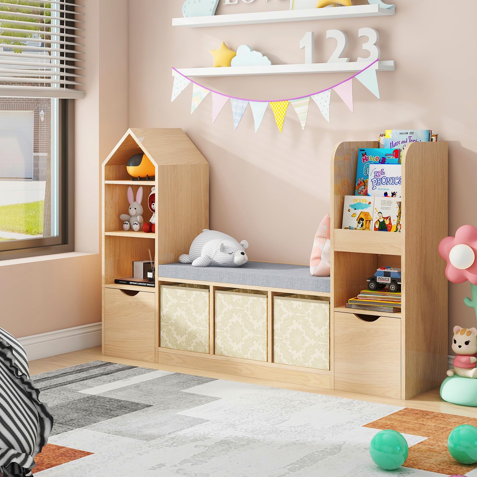 Kids Bookcase and Bookshelf with Reading Nook, Toy Storage Organizer