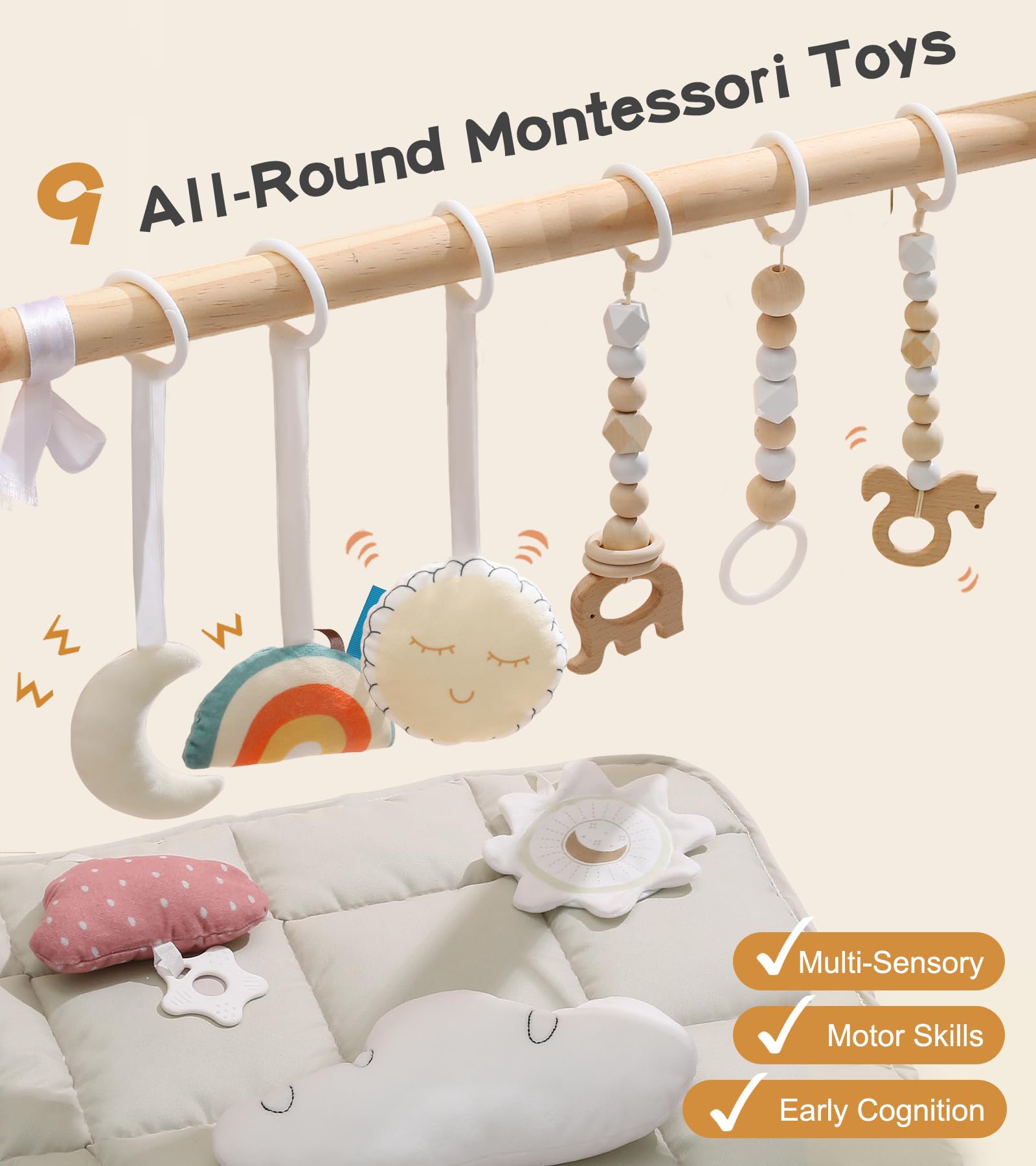 Wooden Play Gym with 9 Sensory Toys, Foldable Baby Play GymFrame