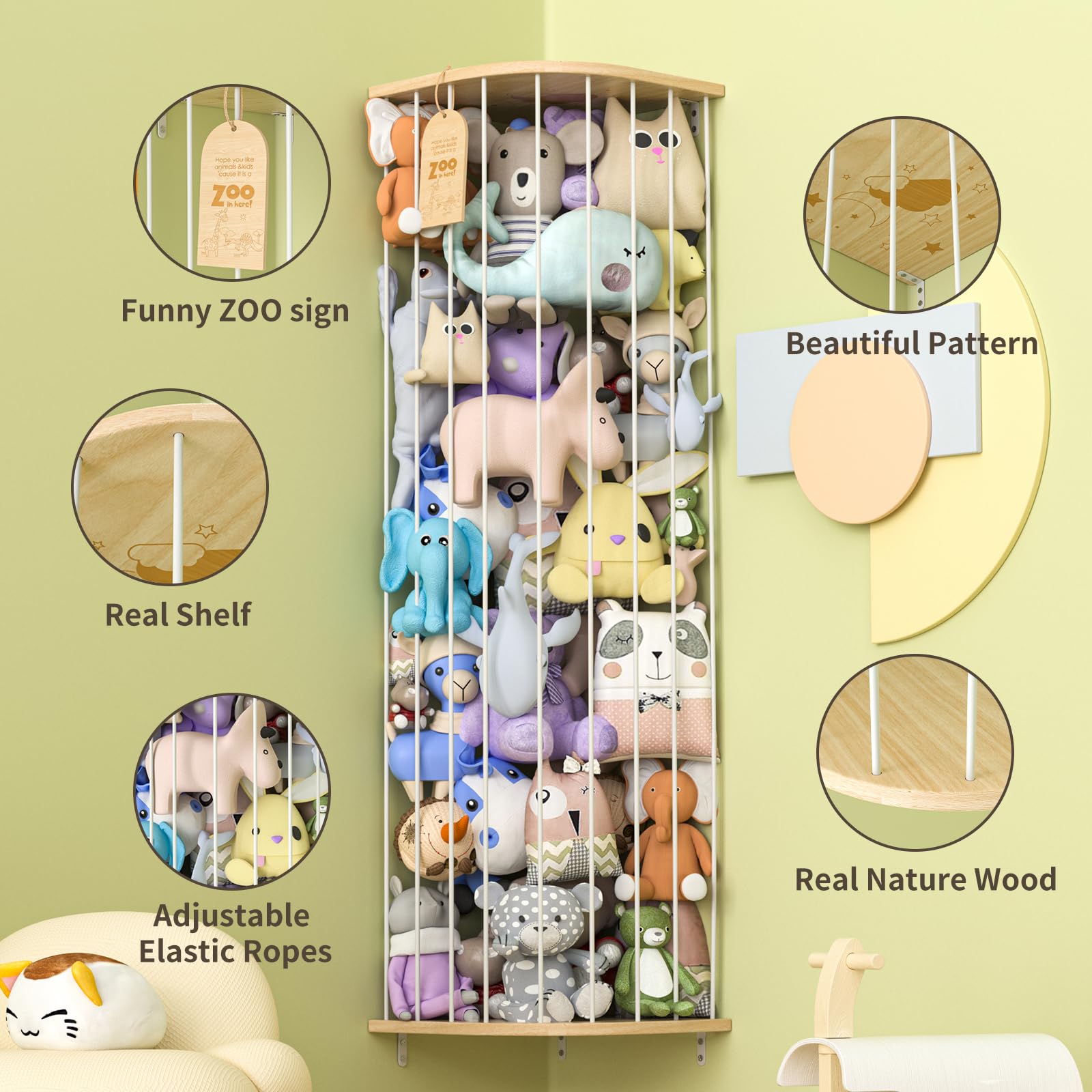 Corner Stuffed Animal Storage Shelf with Adjustable Height