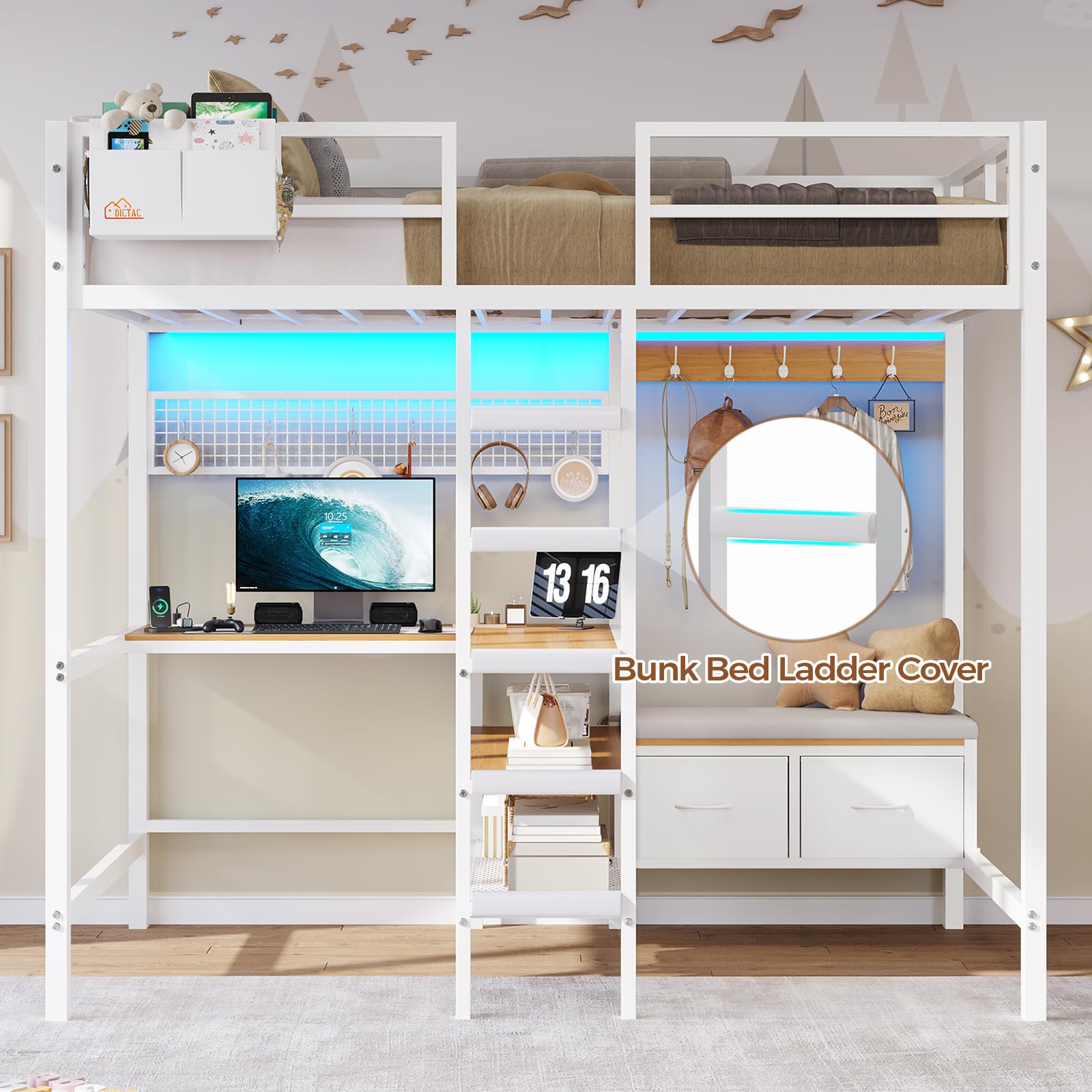 Twin Loft Bed with Desk and LED Lights
