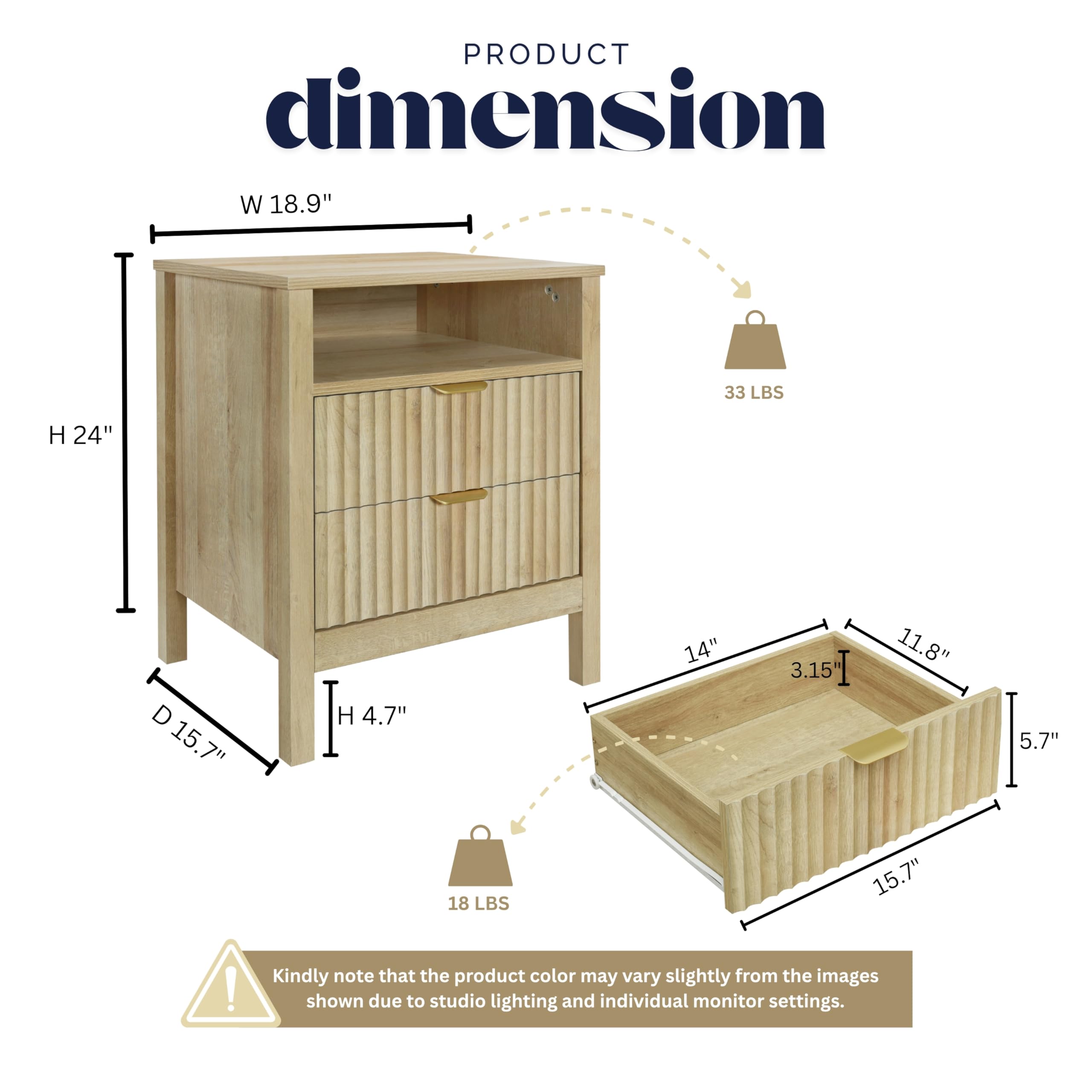 Fluted 2-Drawer Nightstand Set of 2 with Storage