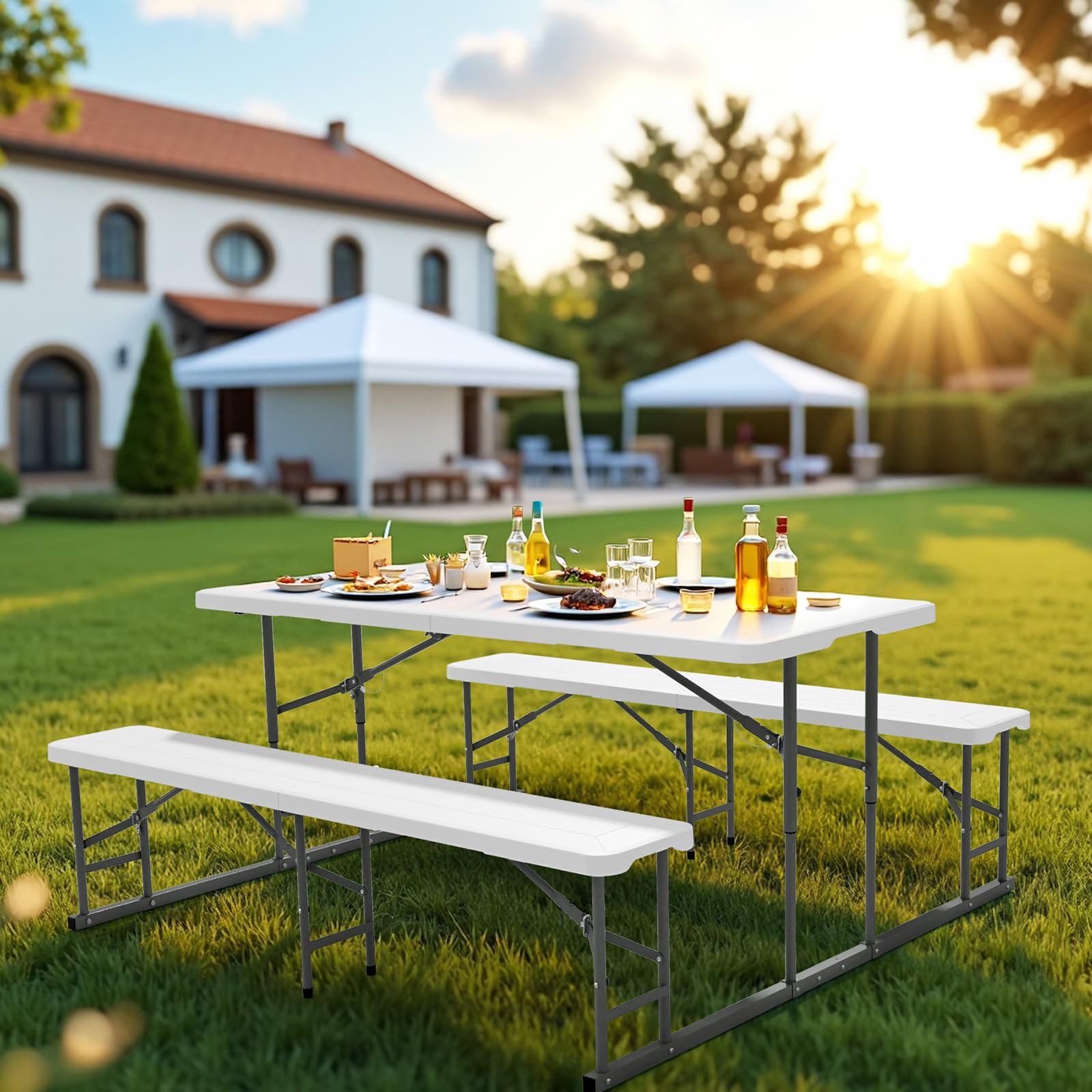 Folding Picnic Table and Bench Set, Portable Outdoor Dining Furniture for Camping