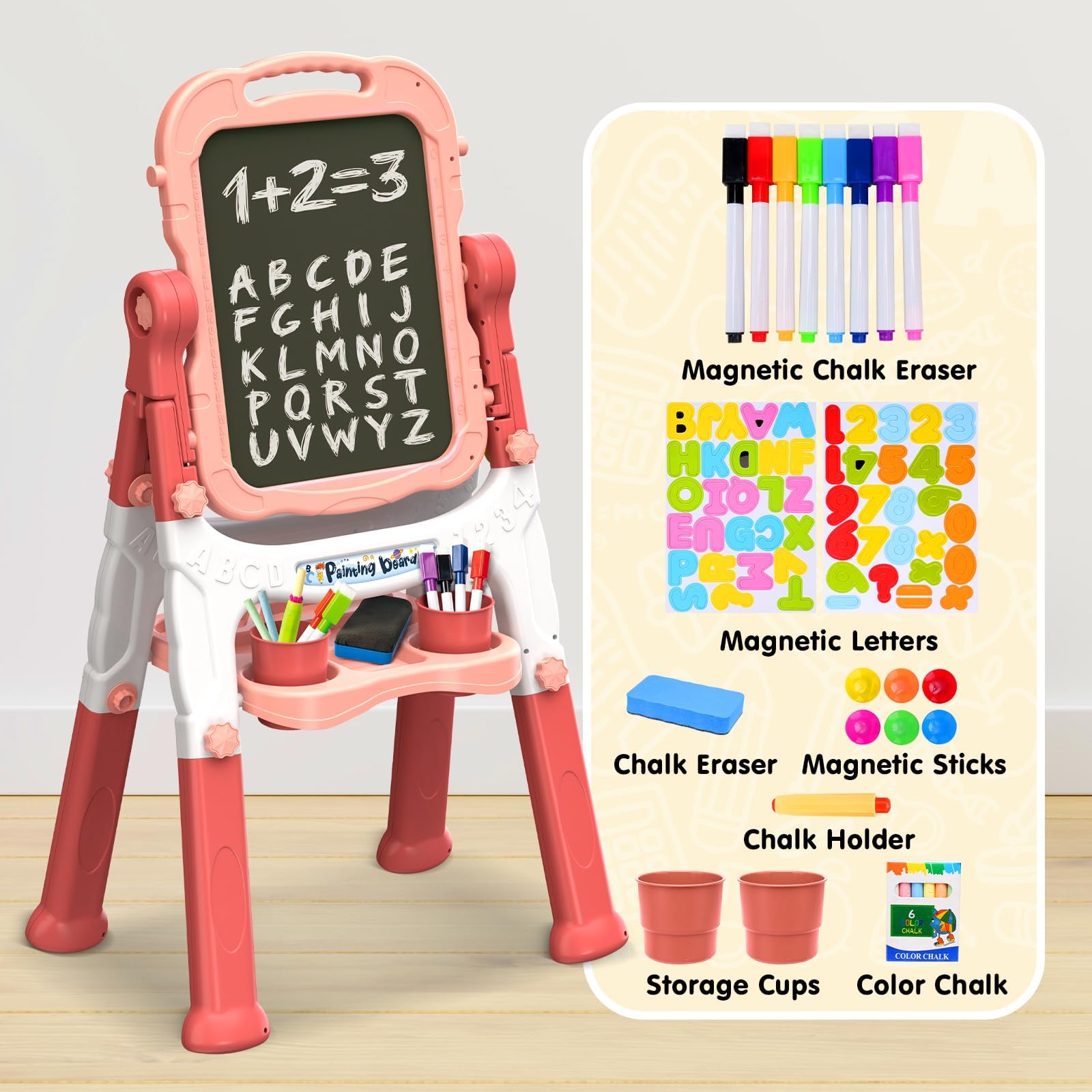 AuntyFey Easel for Kids, Toddler Easel, Double-Sided Chalk Board Kid, White Board, Kid Art Easel, Art Easel Age 4-8, Christmas Gift, Pink&Purple, Red&Pink