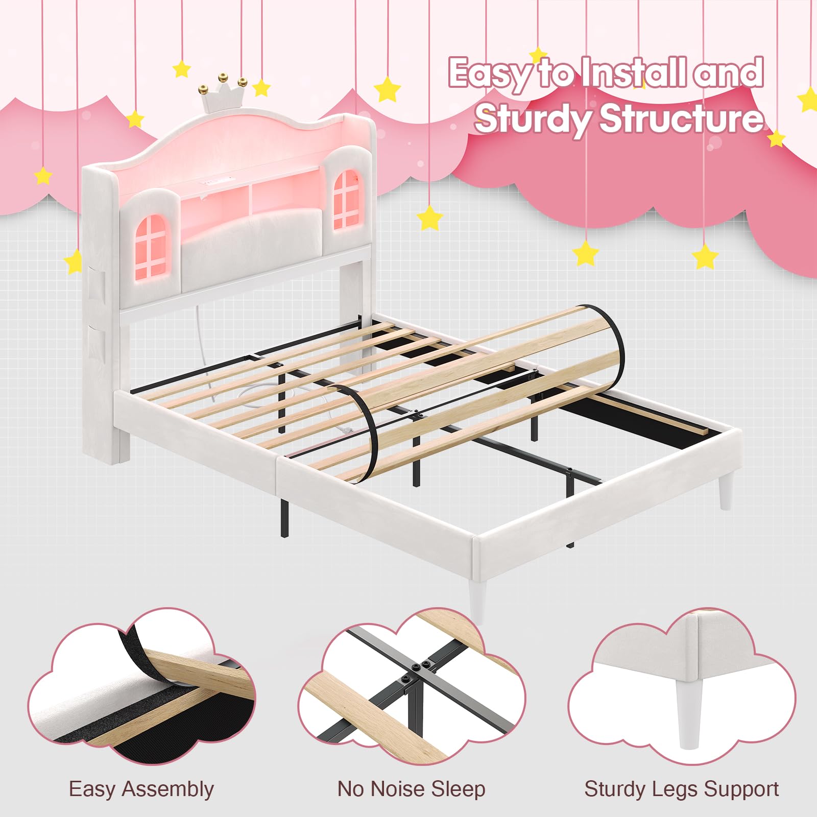 Princess Bed Frame Full Size with LED Lights and Storage
