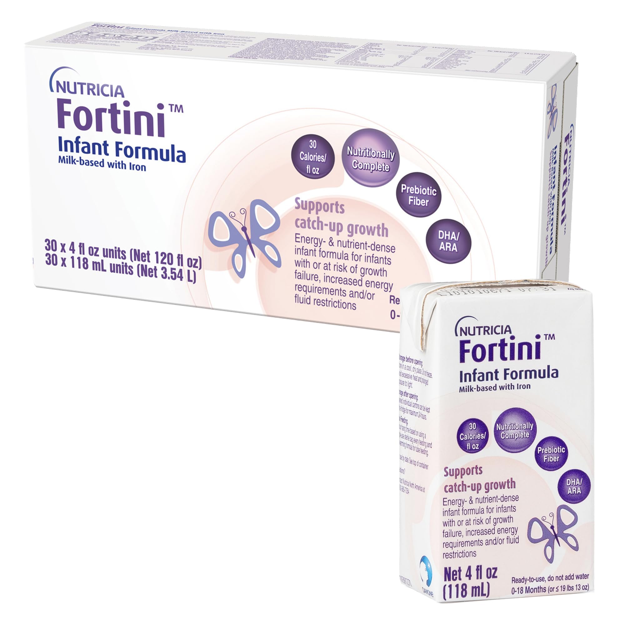 Nutricia Fortini Infant Formula - Milk-Based Baby Formula for Energy & Growth Support - Ready-to-Feed & Nutrient-Dense Baby Formula with Iron for Energy - 4 fl oz carton (30 Pack)